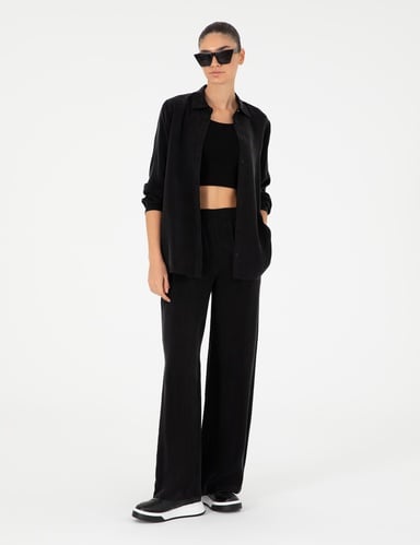 Siyah Yüksek Bel Kupro Kumaş Loose Fit Pantolon