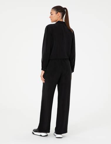 Siyah Yüksek Bel Kupro Kumaş Loose Fit Pantolon