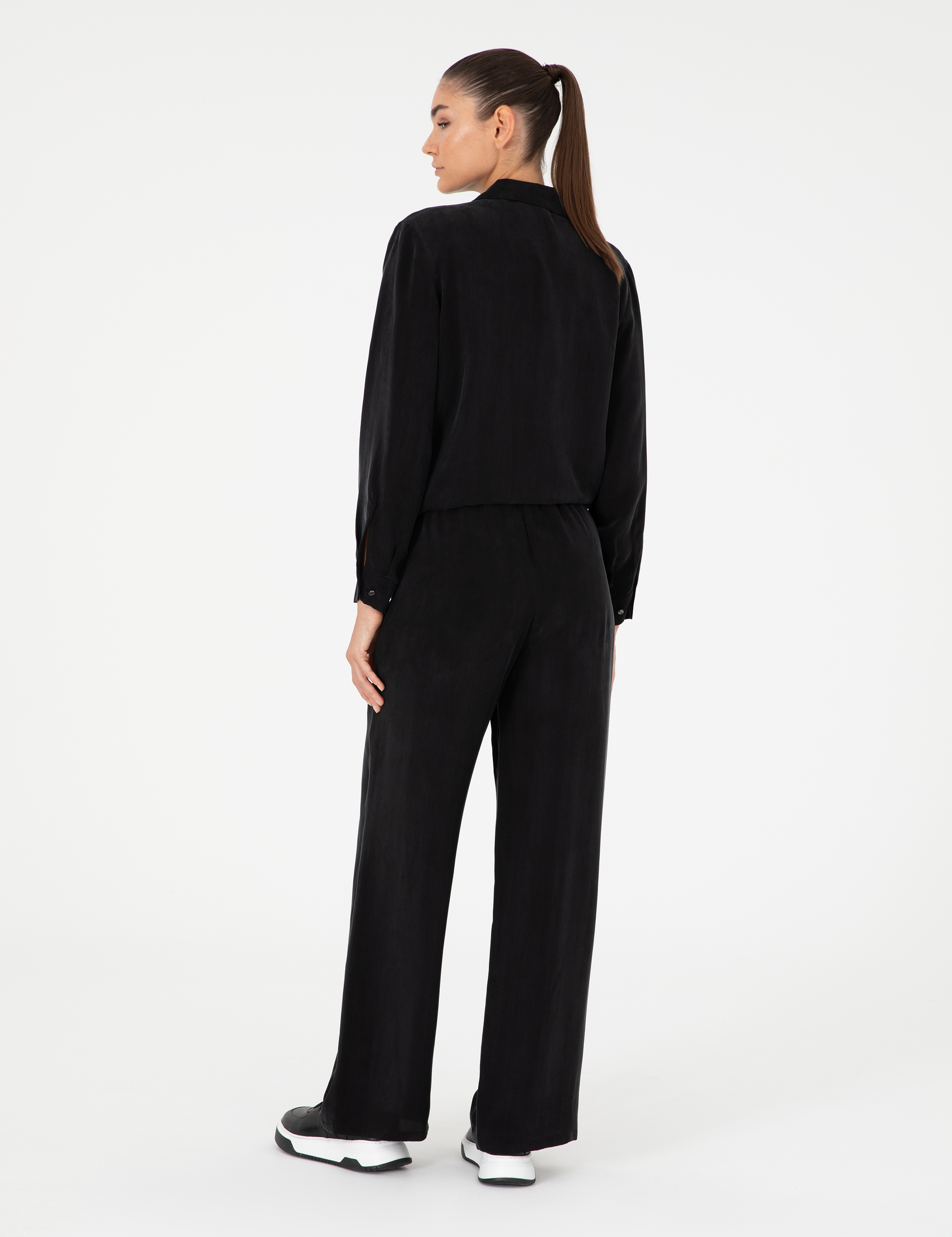 Siyah Yüksek Bel Kupro Kumaş Loose Fit Pantolon - Image 4