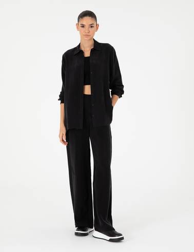 Siyah Yüksek Bel Kupro Kumaş Loose Fit Pantolon