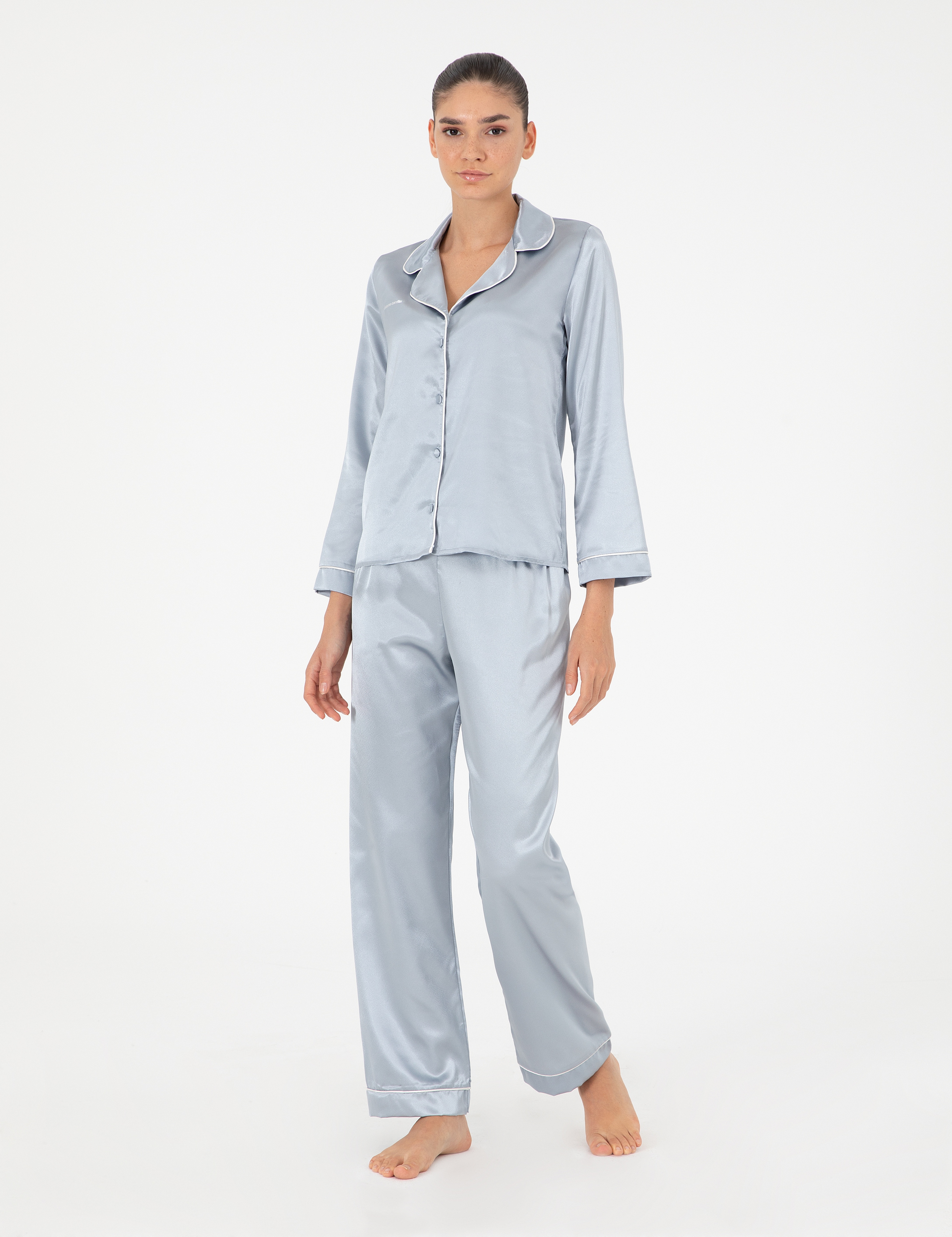 Mavi Saten Pijama Takımı