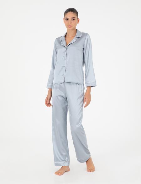 Mavi Saten Pijama Takımı - 50303949022