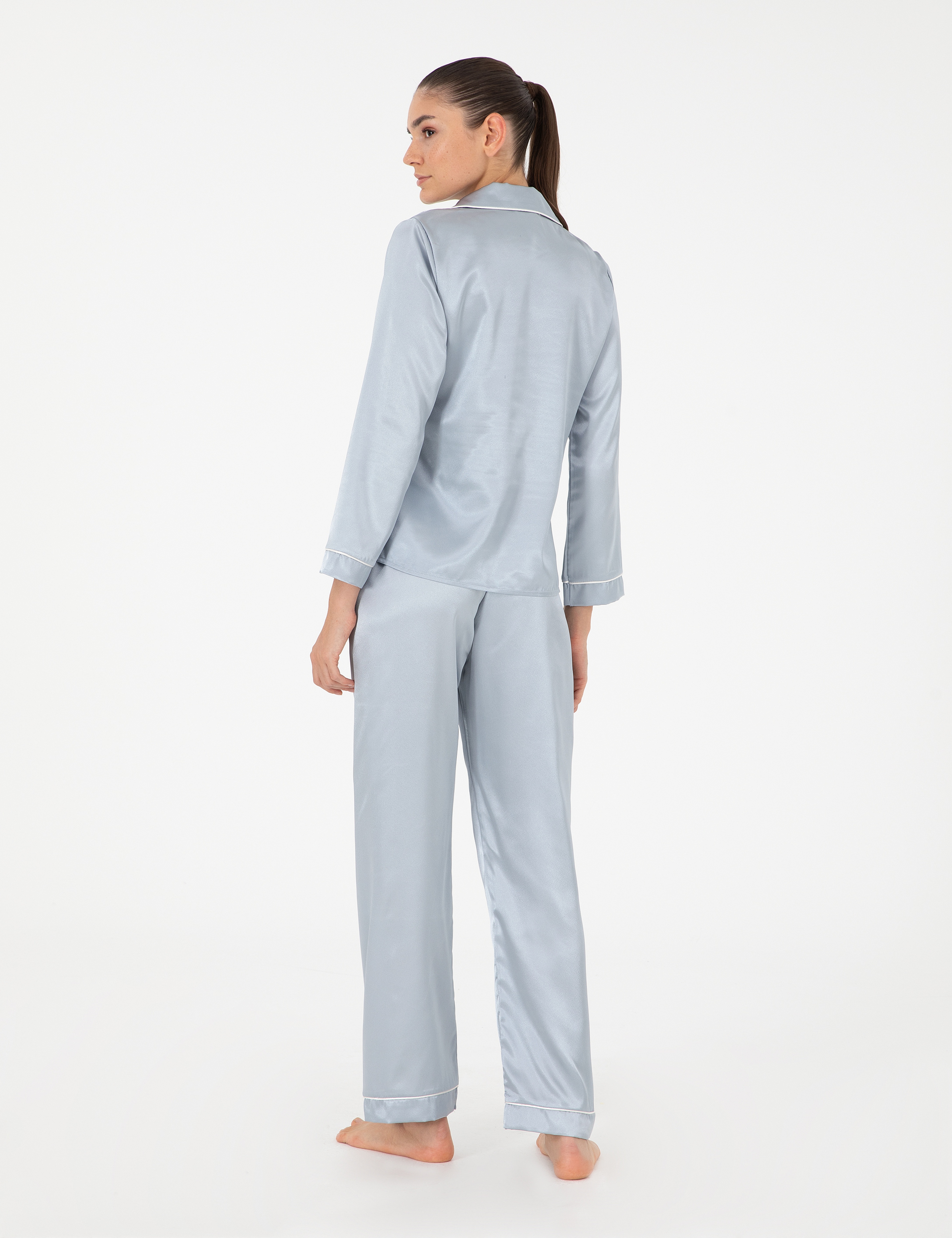 Mavi Saten Pijama Takımı