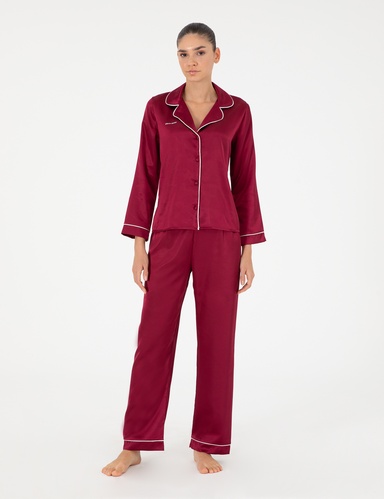 Bordo Saten Pijama Takımı