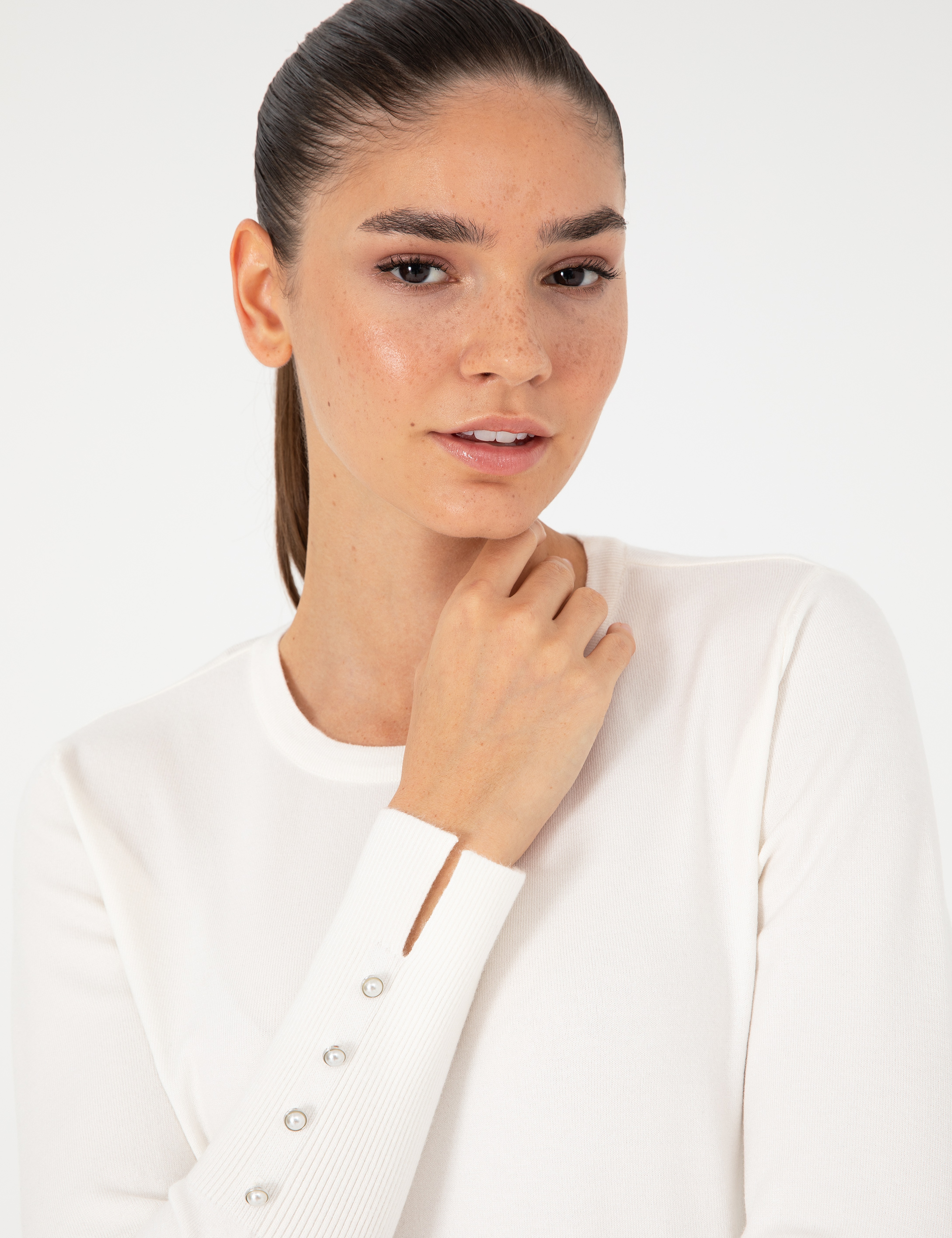 Ekru Slim Fit Bisiklet Yaka Basic Kazak - Image 2