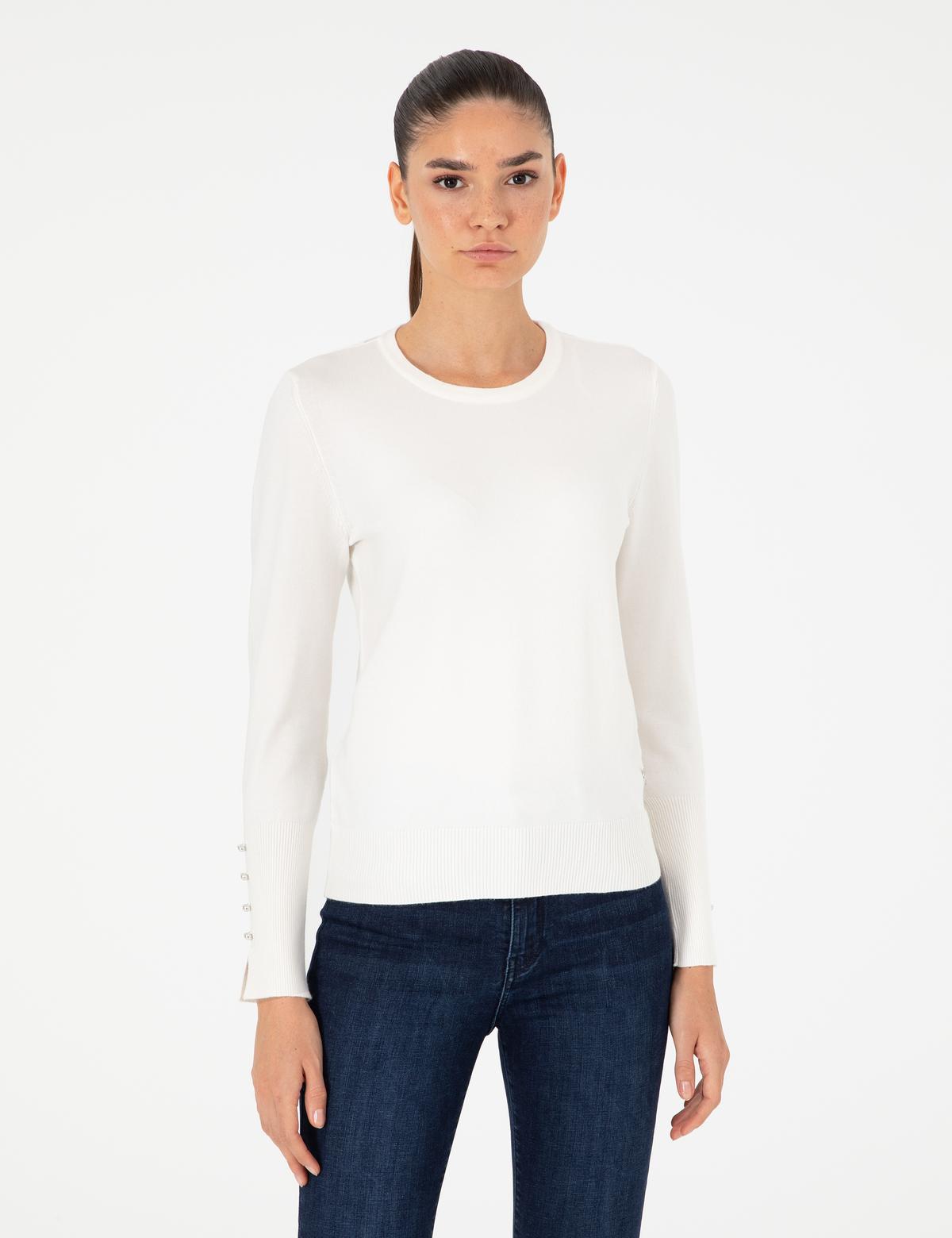 Ekru Slim Fit Bisiklet Yaka Basic Kazak