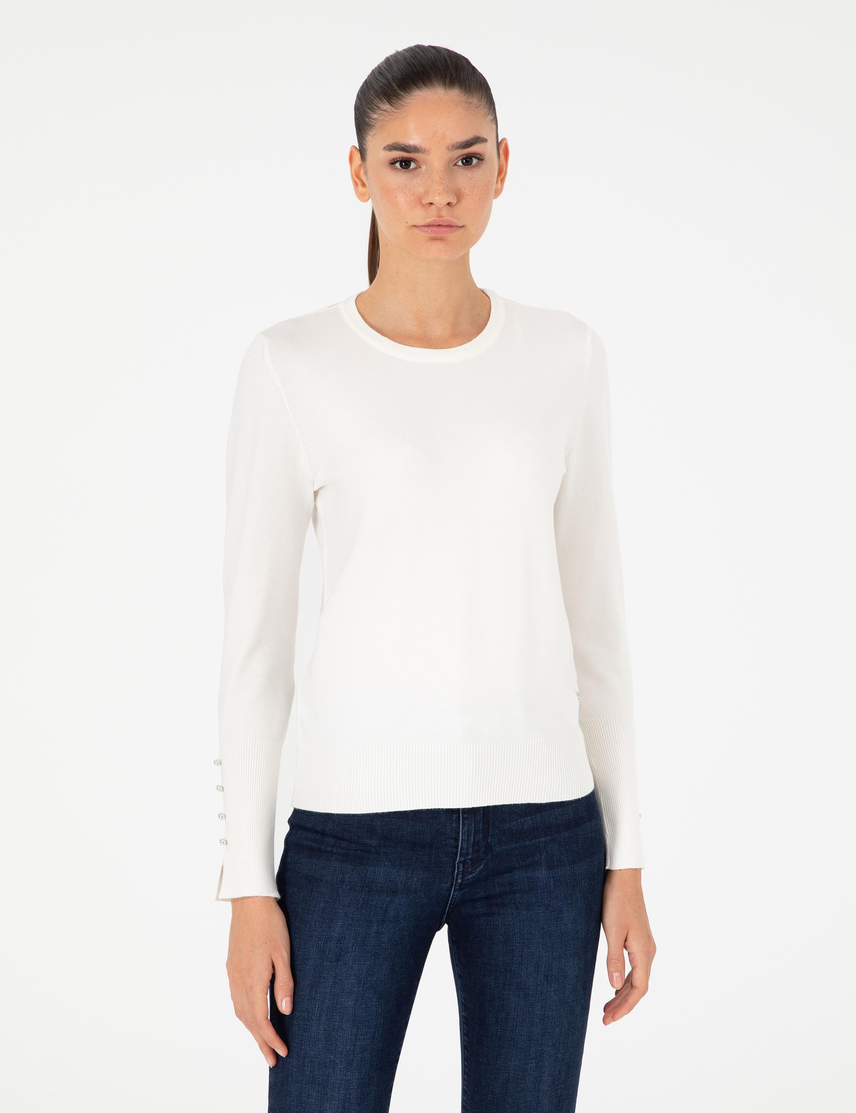 Ekru Slim Fit Bisiklet Yaka Basic Kazak