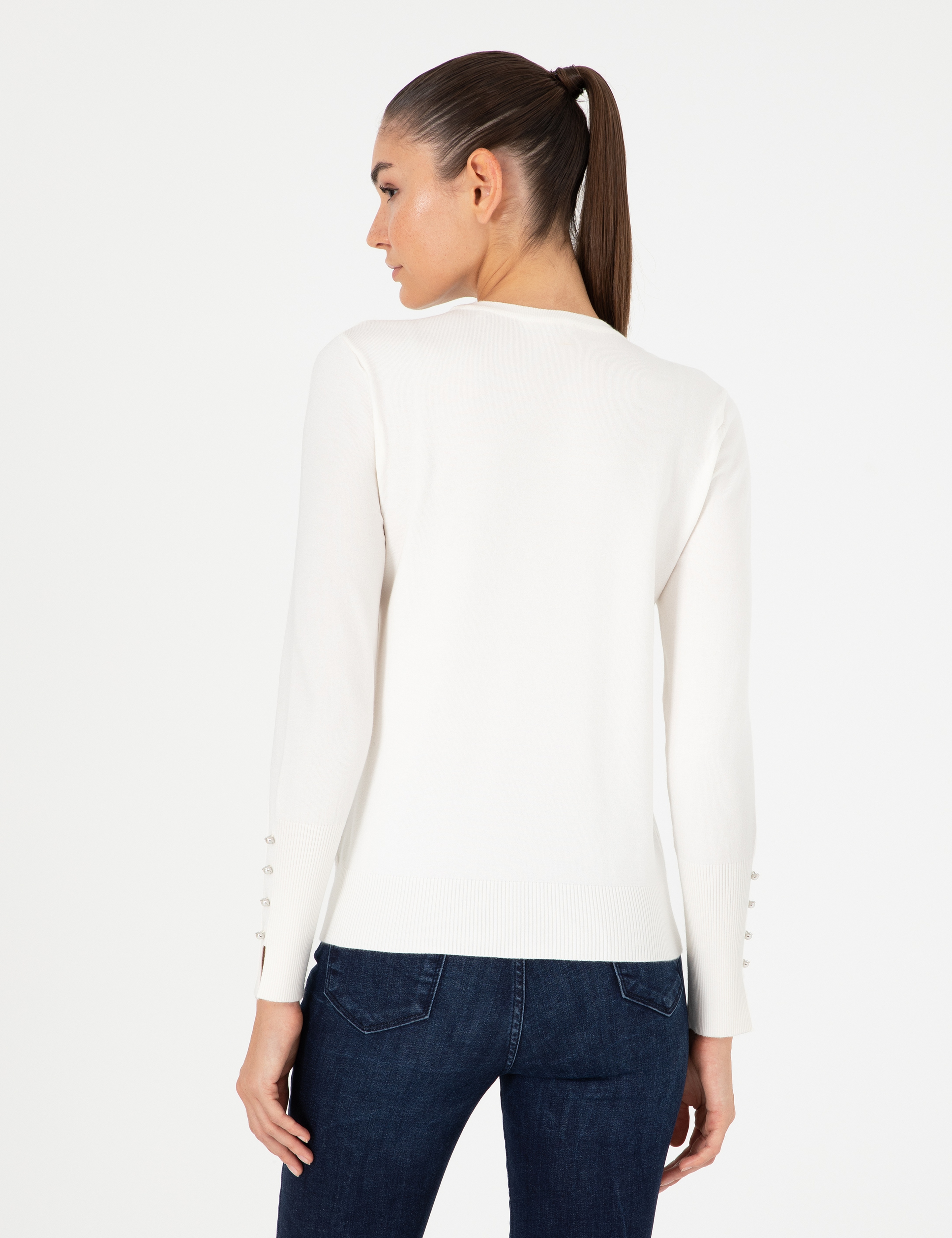 Ekru Slim Fit Bisiklet Yaka Basic Kazak - Image 5