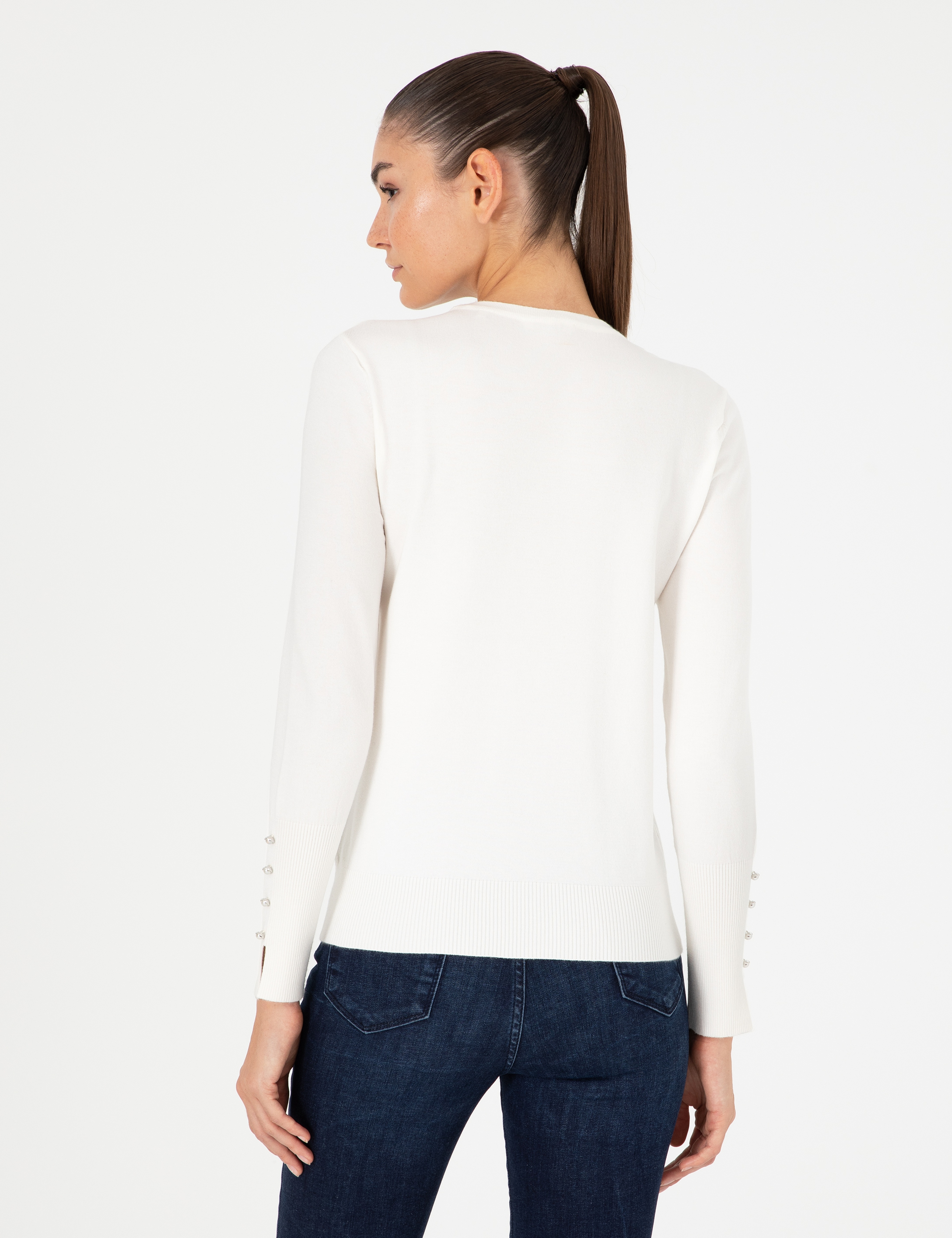 Ekru Slim Fit Bisiklet Yaka Basic Kazak