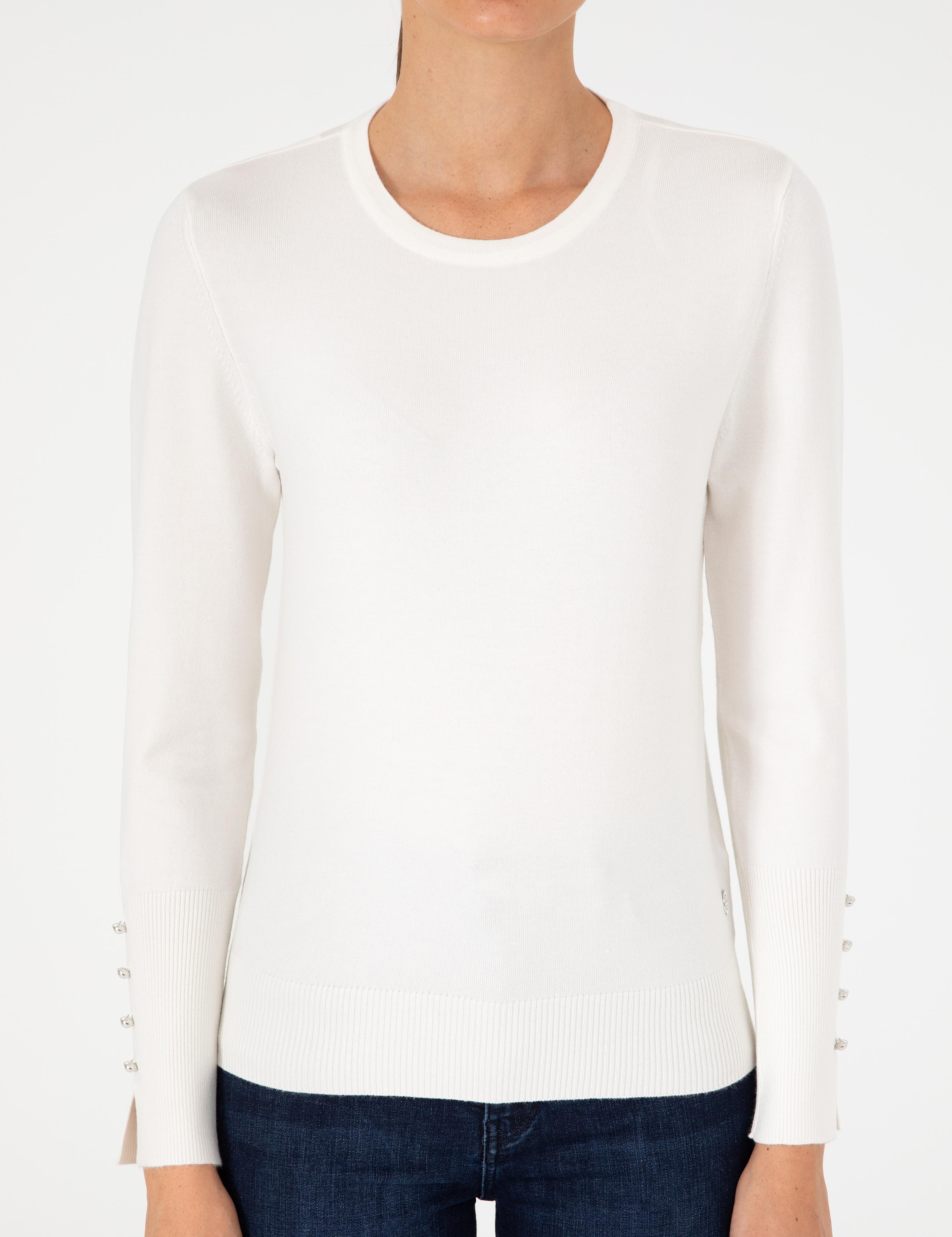 Ekru Slim Fit Bisiklet Yaka Basic Kazak