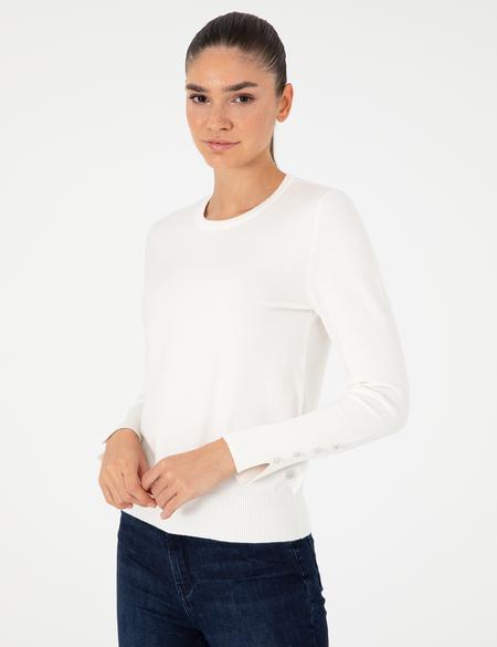 Ekru Slim Fit Bisiklet Yaka Basic Kazak - 50290566025