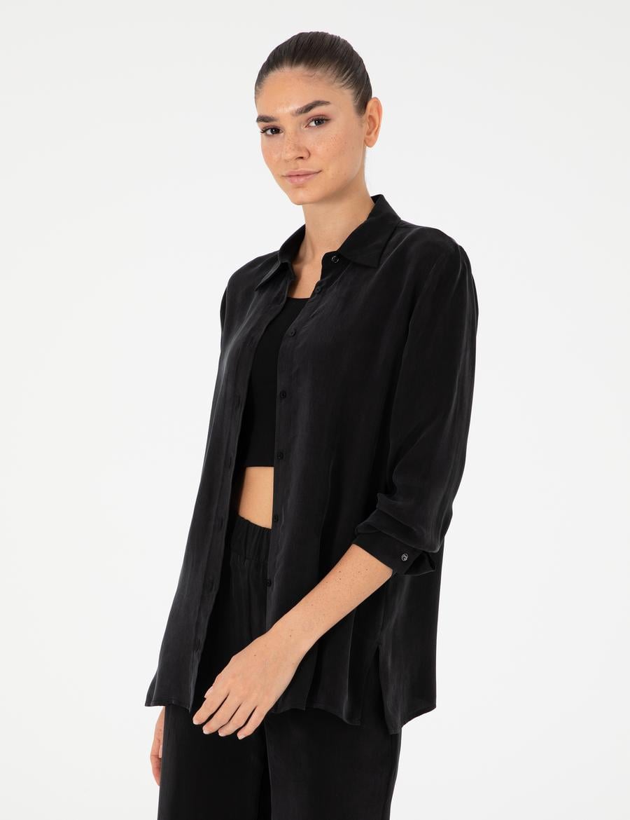 Siyah Comfort Fit Kupro Kumaş Uzun Kollu Gömlek