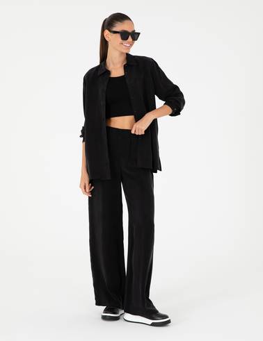 Siyah Comfort Fit Kupro Kumaş Uzun Kollu Gömlek