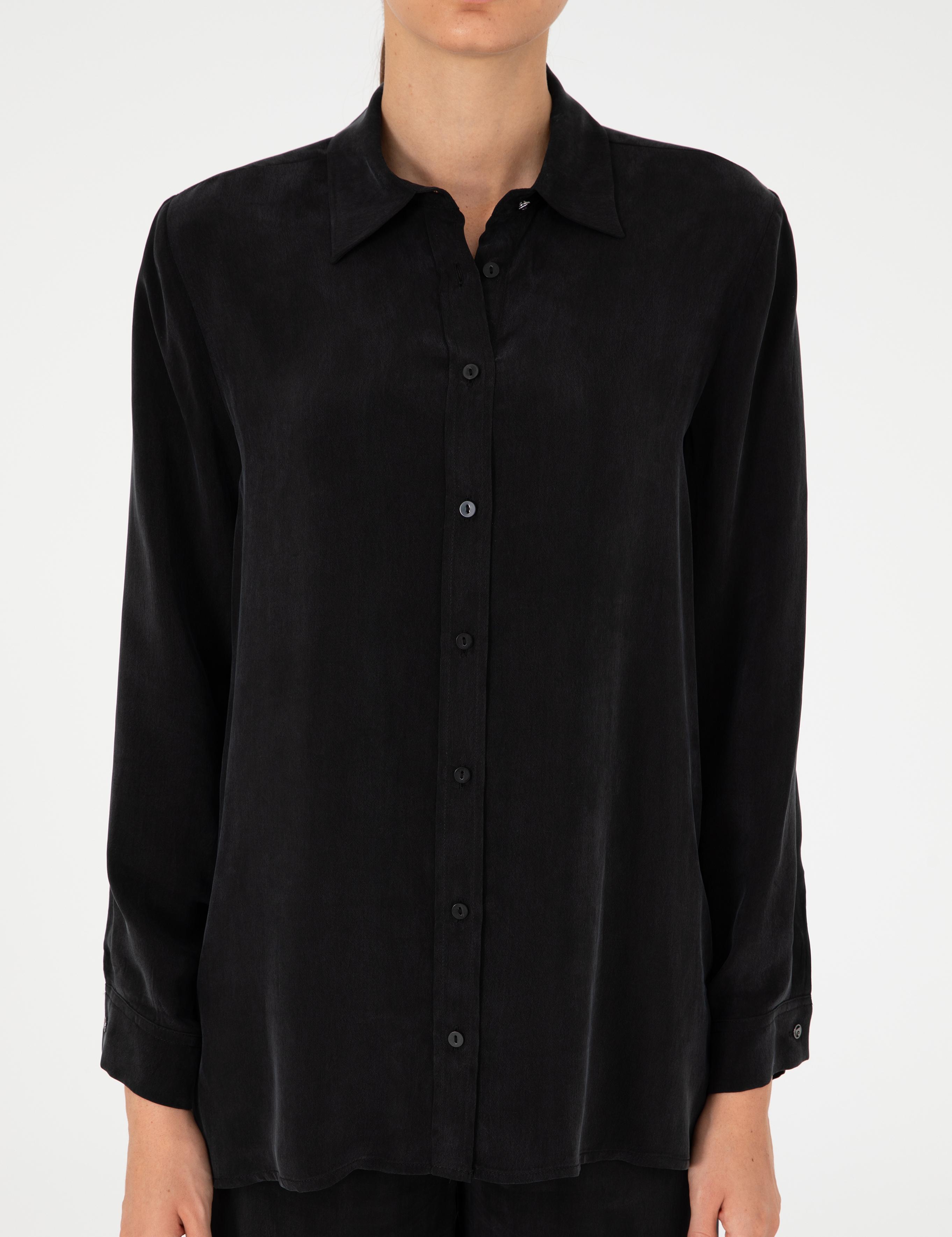 Siyah Comfort Fit Kupro Kumaş Uzun Kollu Gömlek