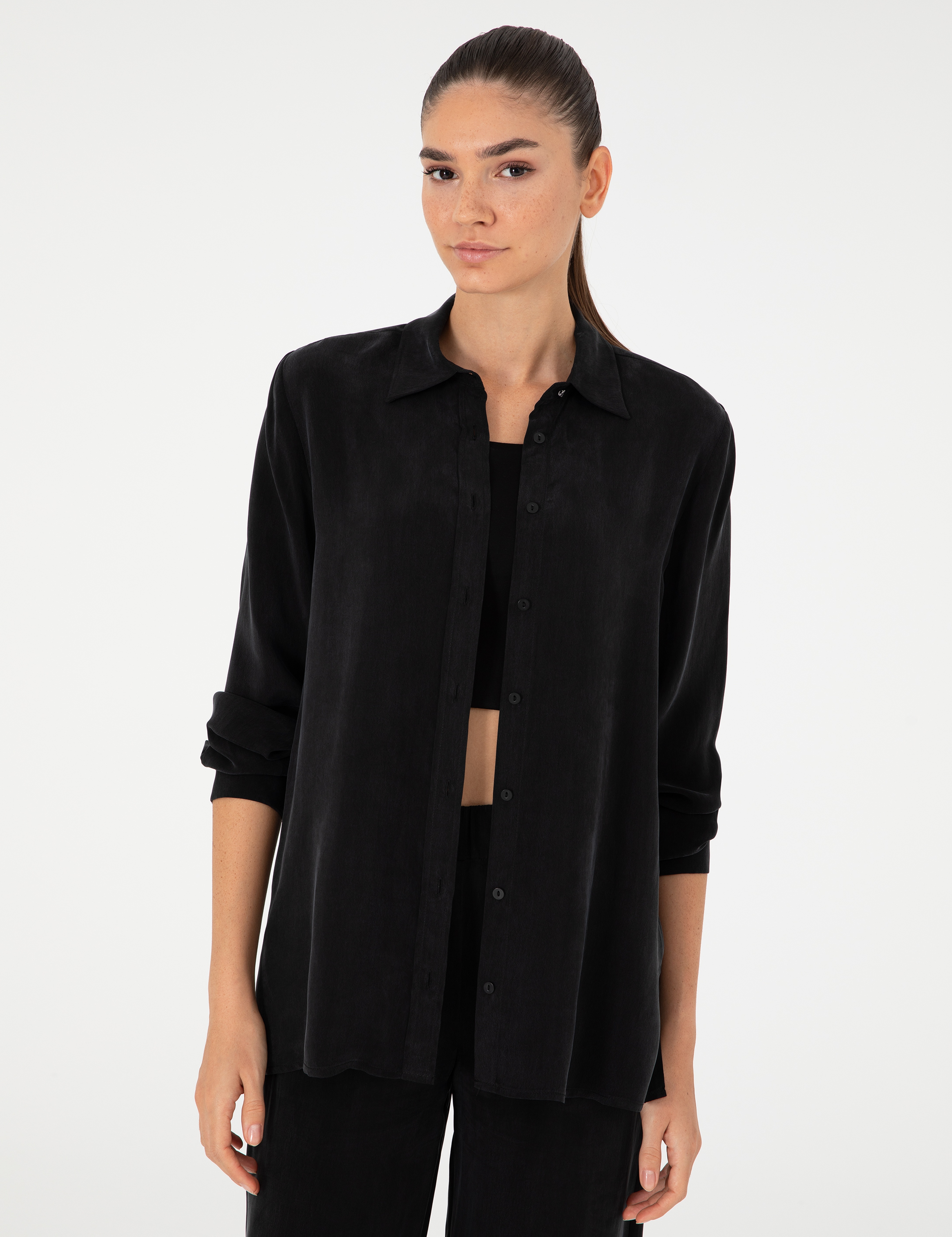Siyah Comfort Fit Kupro Kumaş Uzun Kollu Gömlek - Image 3