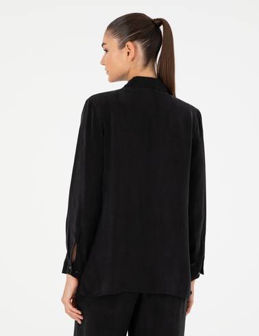 Siyah Comfort Fit Kupro Kumaş Uzun Kollu Gömlek