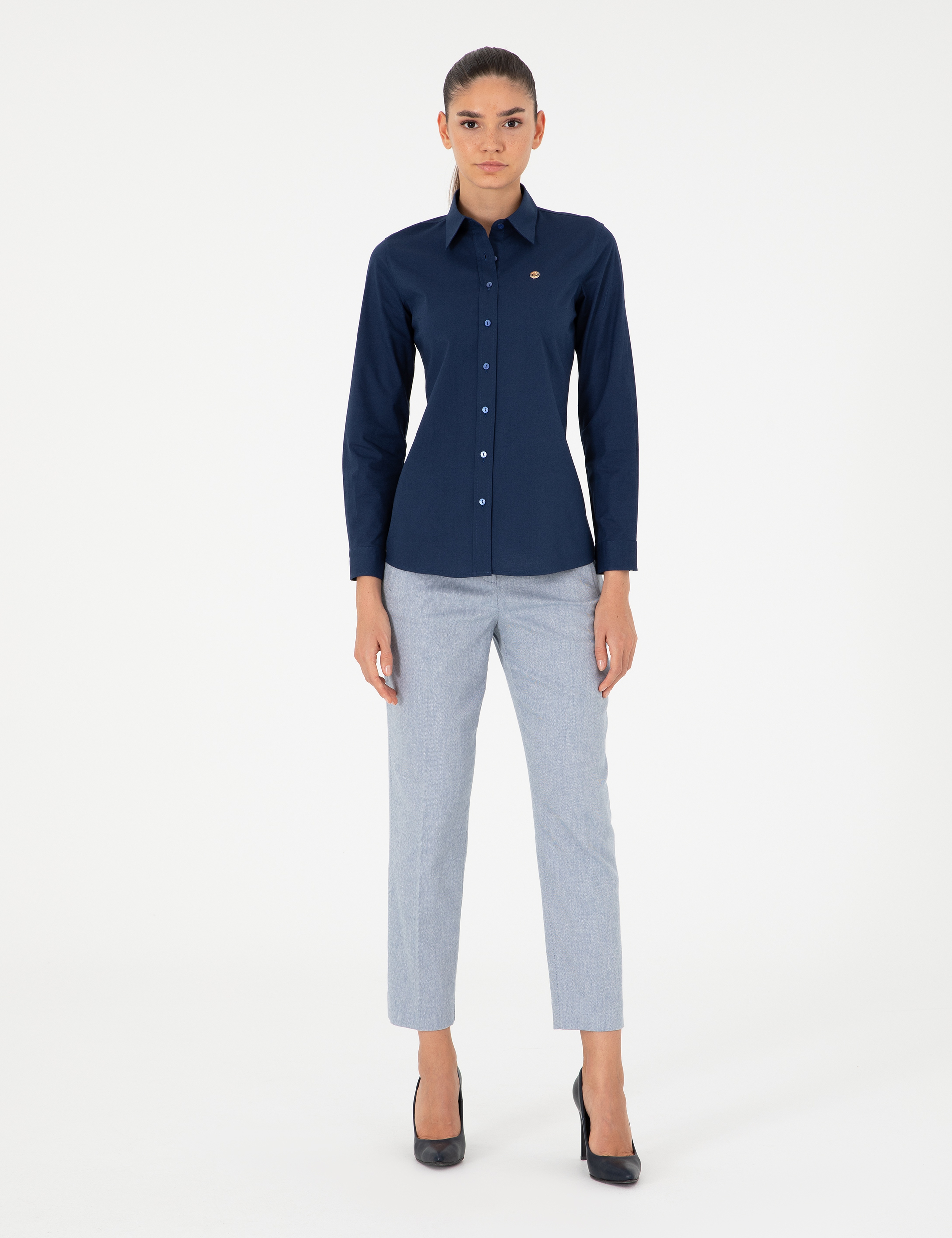Açık İndigo Slim Fit Uzun Kollu Gömlek - Image 4