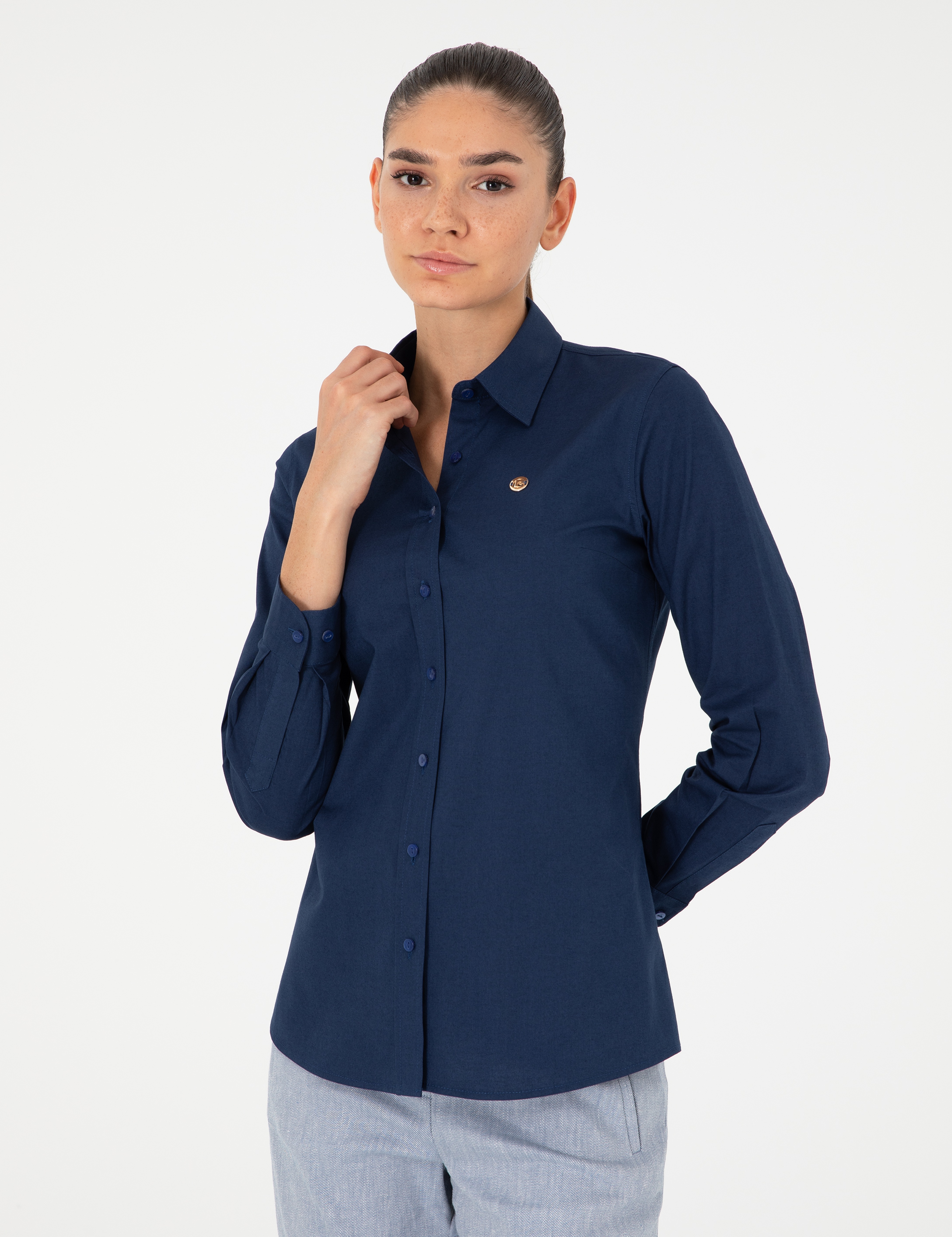 Açık İndigo Slim Fit Uzun Kollu Gömlek - Image 3