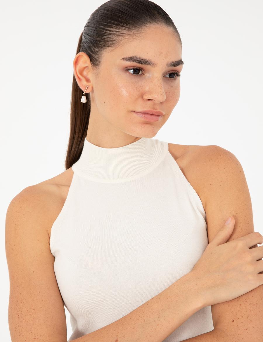 Ekru Slim Fit Triko Bluz