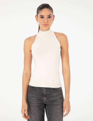 Ekru Slim Fit Triko Bluz