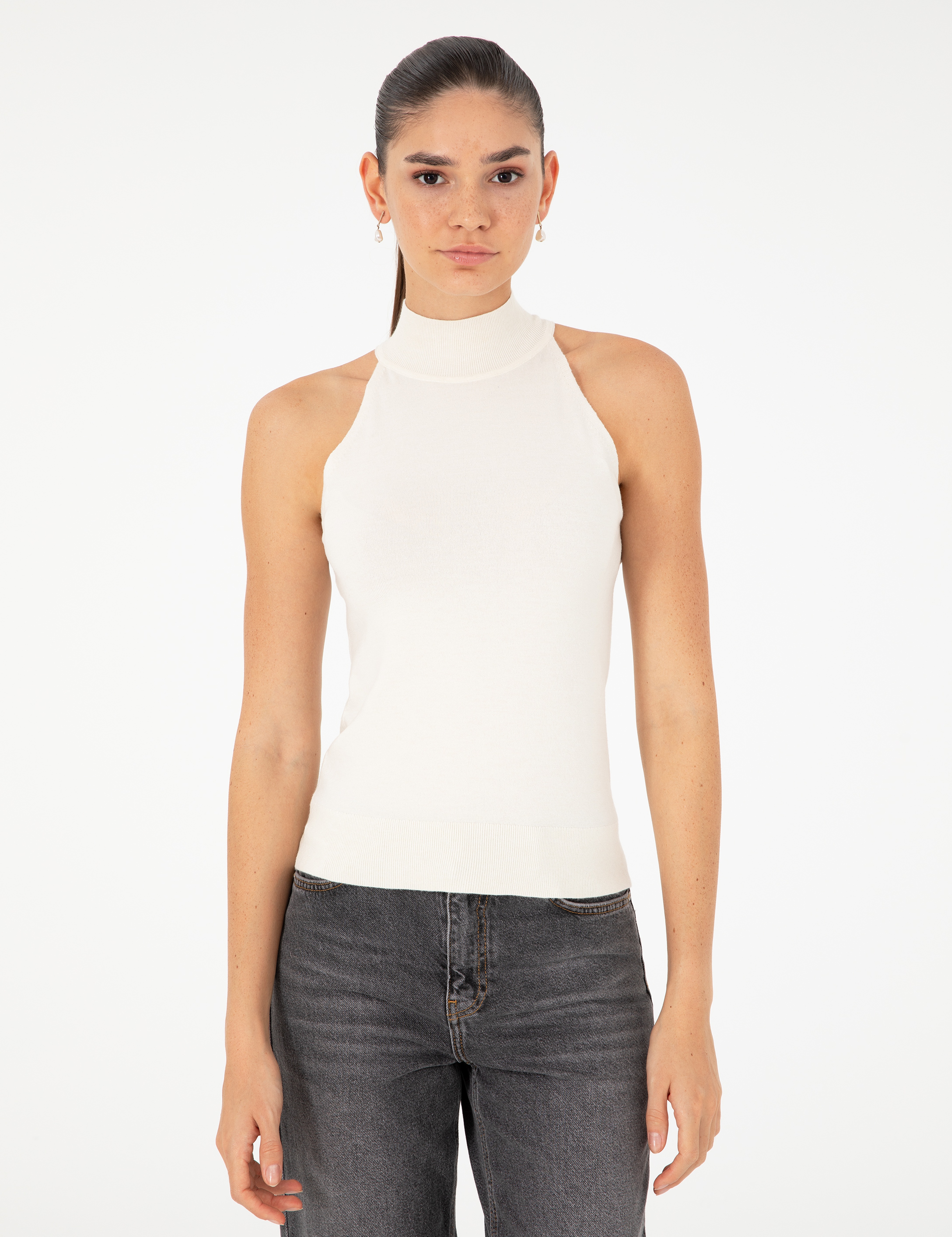 Ekru Slim Fit Triko Bluz