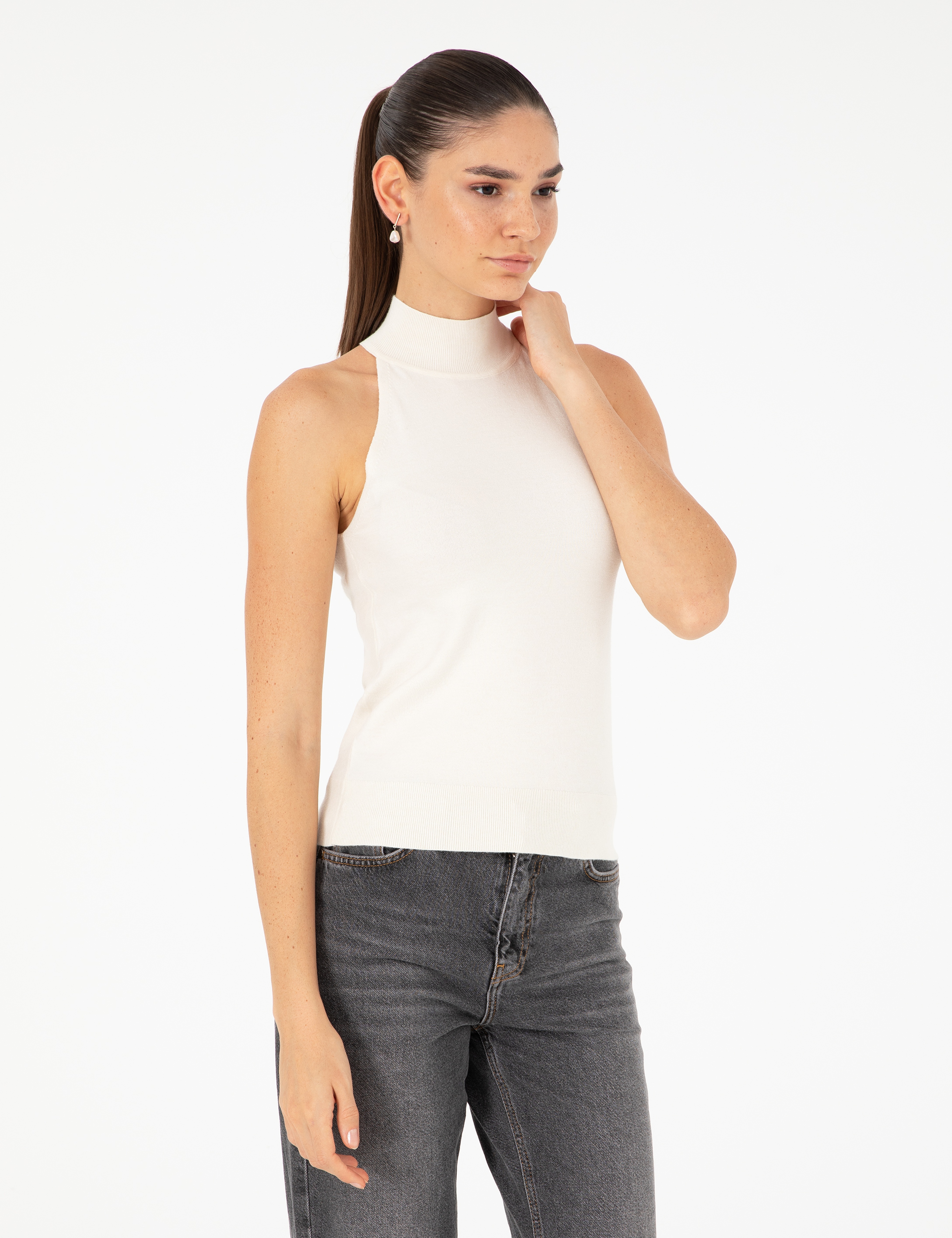 Ekru Slim Fit Triko Bluz - Image 1