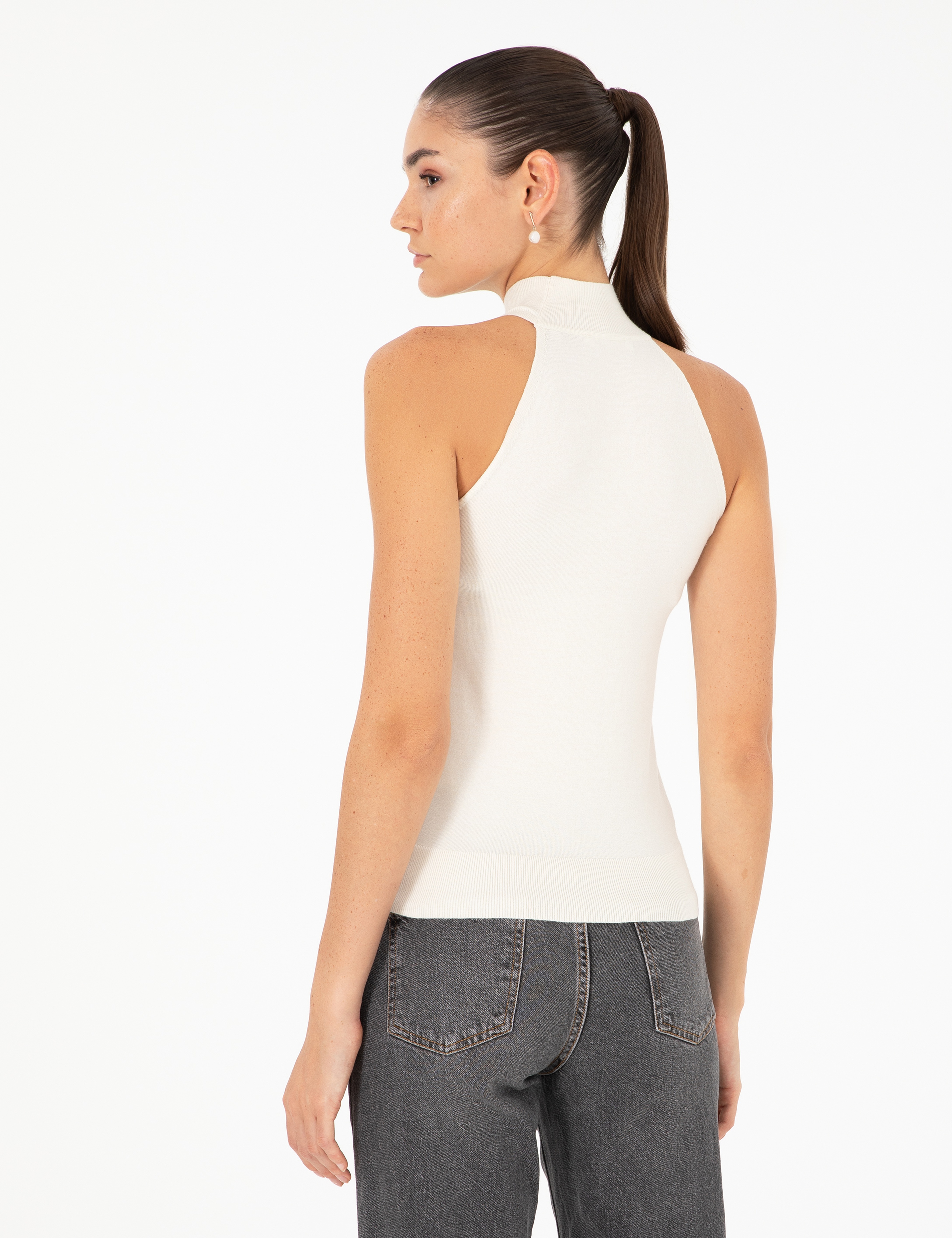 Ekru Slim Fit Triko Bluz