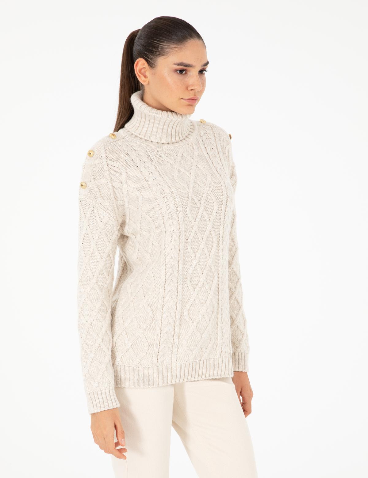 Ekru Regular Fit Balıkçı Yaka Kazak