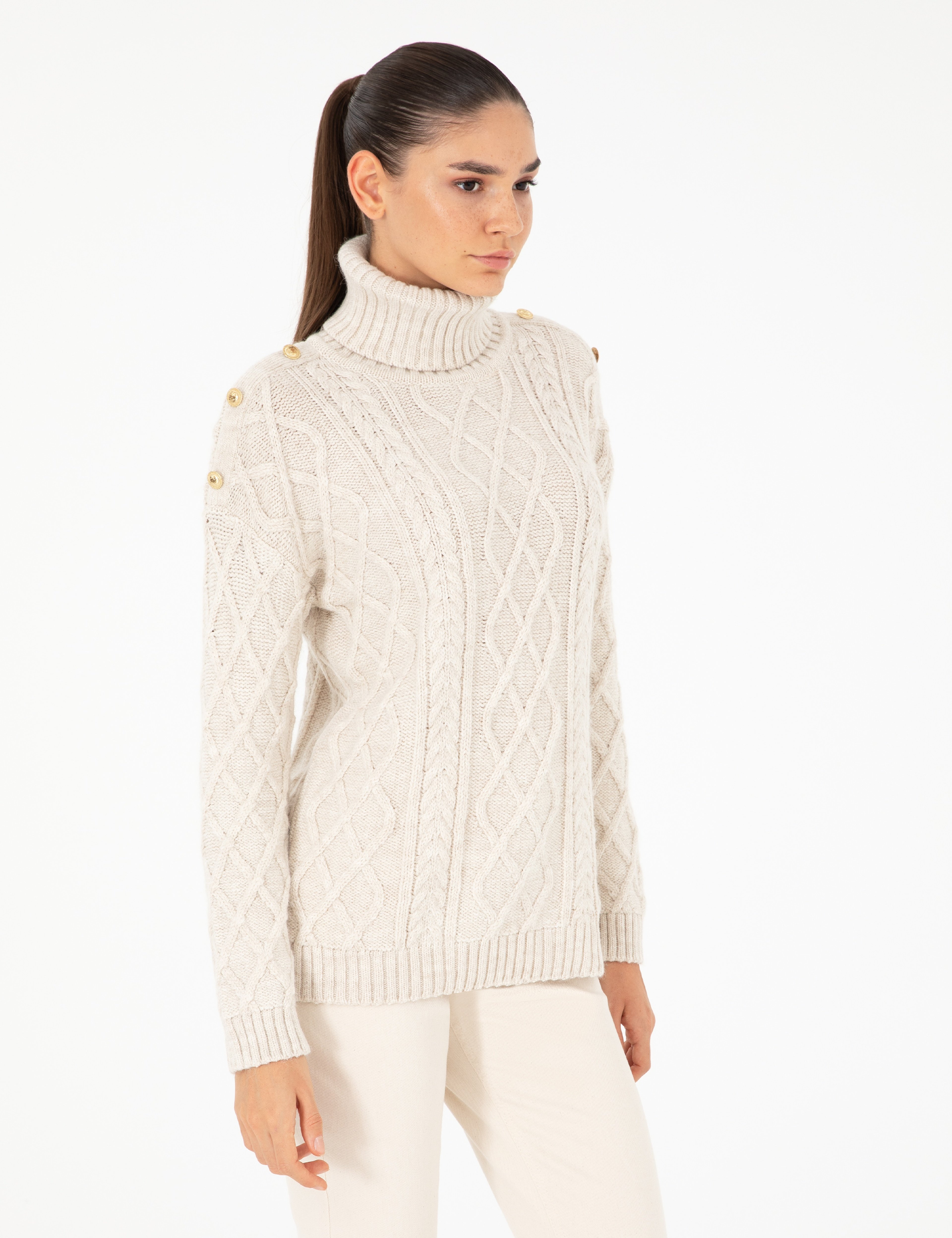 Ekru Regular Fit Balıkçı Yaka Kazak - Image 2