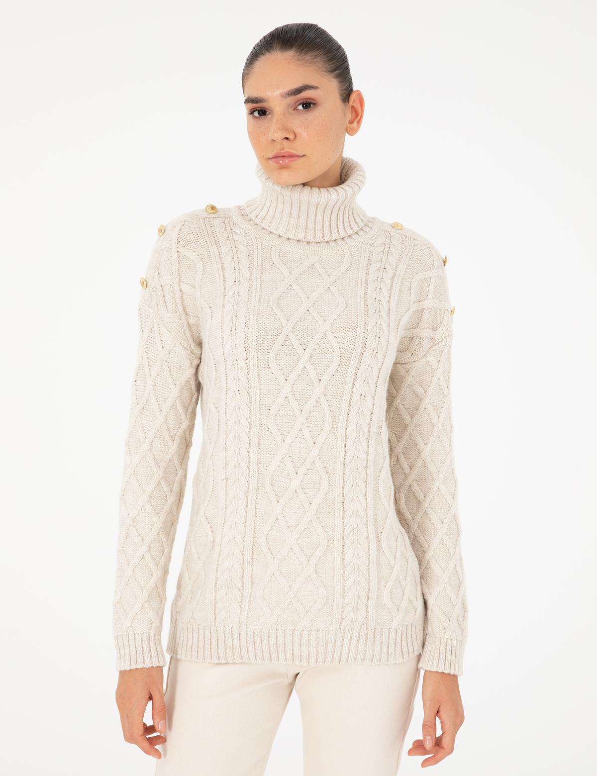 Ekru Regular Fit Balıkçı Yaka Kazak - 50294435042