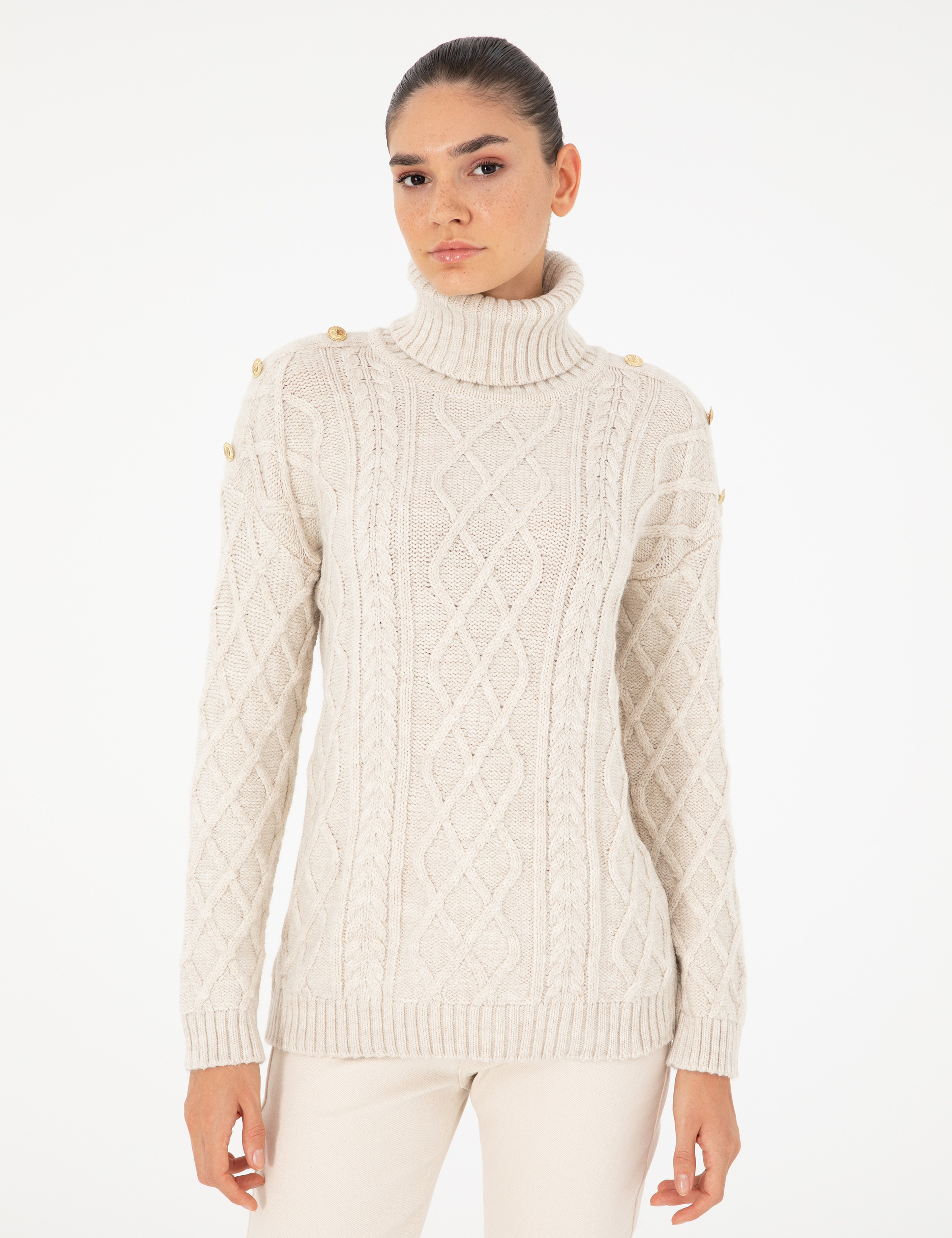 Ekru Regular Fit Balıkçı Yaka Kazak - Image 1