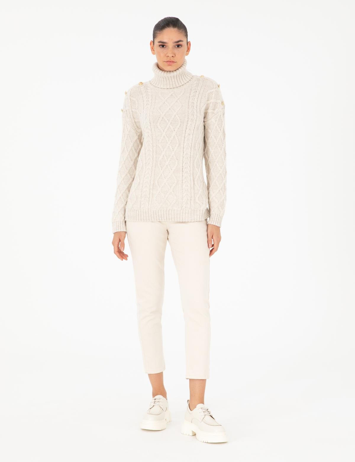 Ekru Regular Fit Balıkçı Yaka Kazak - 50294435042