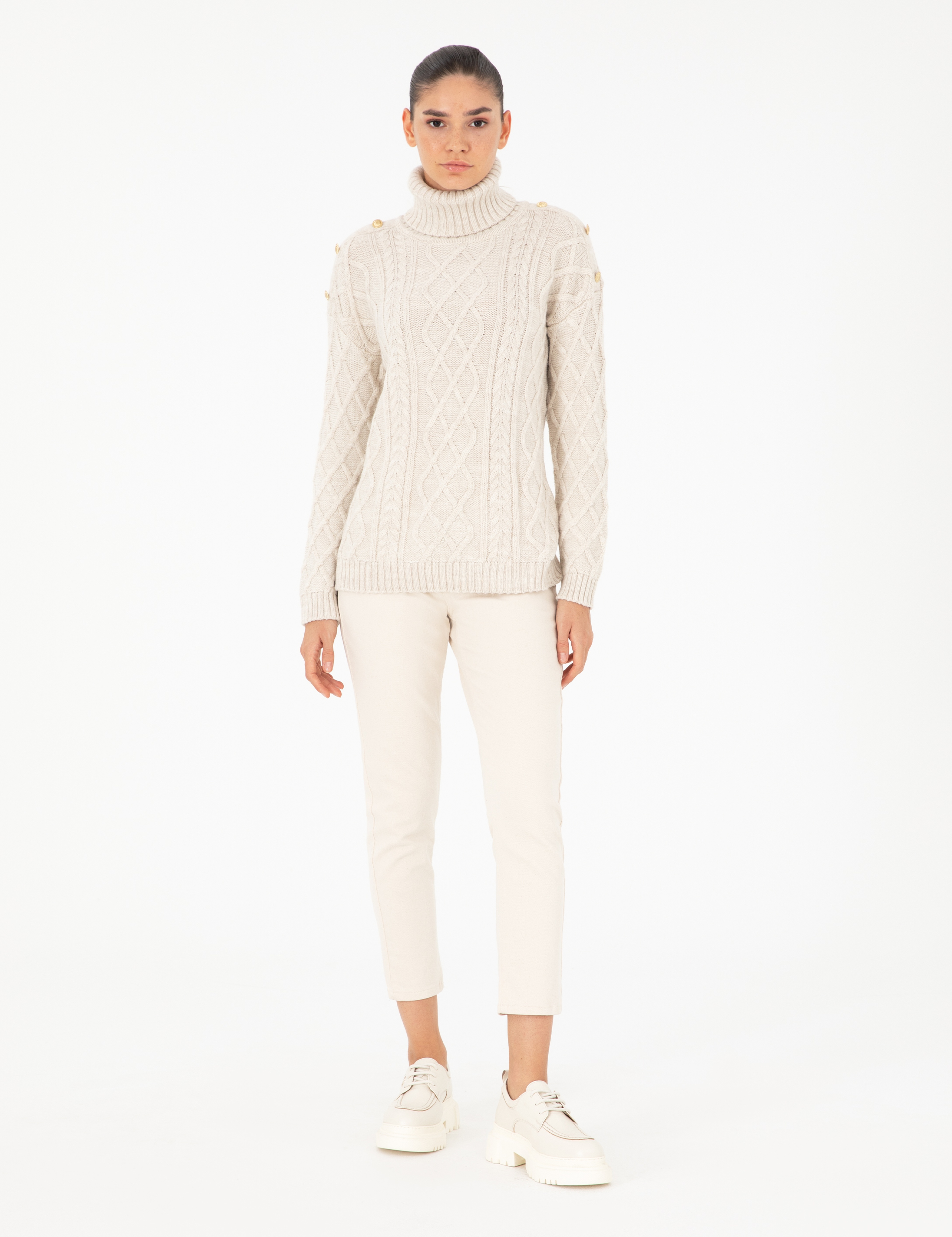 Ekru Regular Fit Balıkçı Yaka Kazak - Image 4
