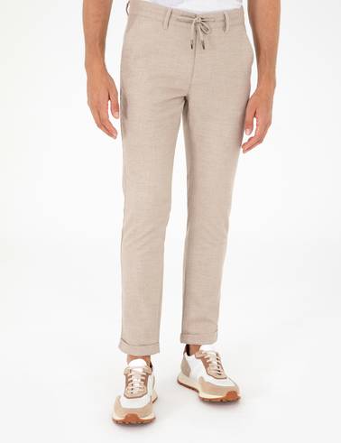 Bej Slim Fit Bağcıklı Kanvas Pantolon