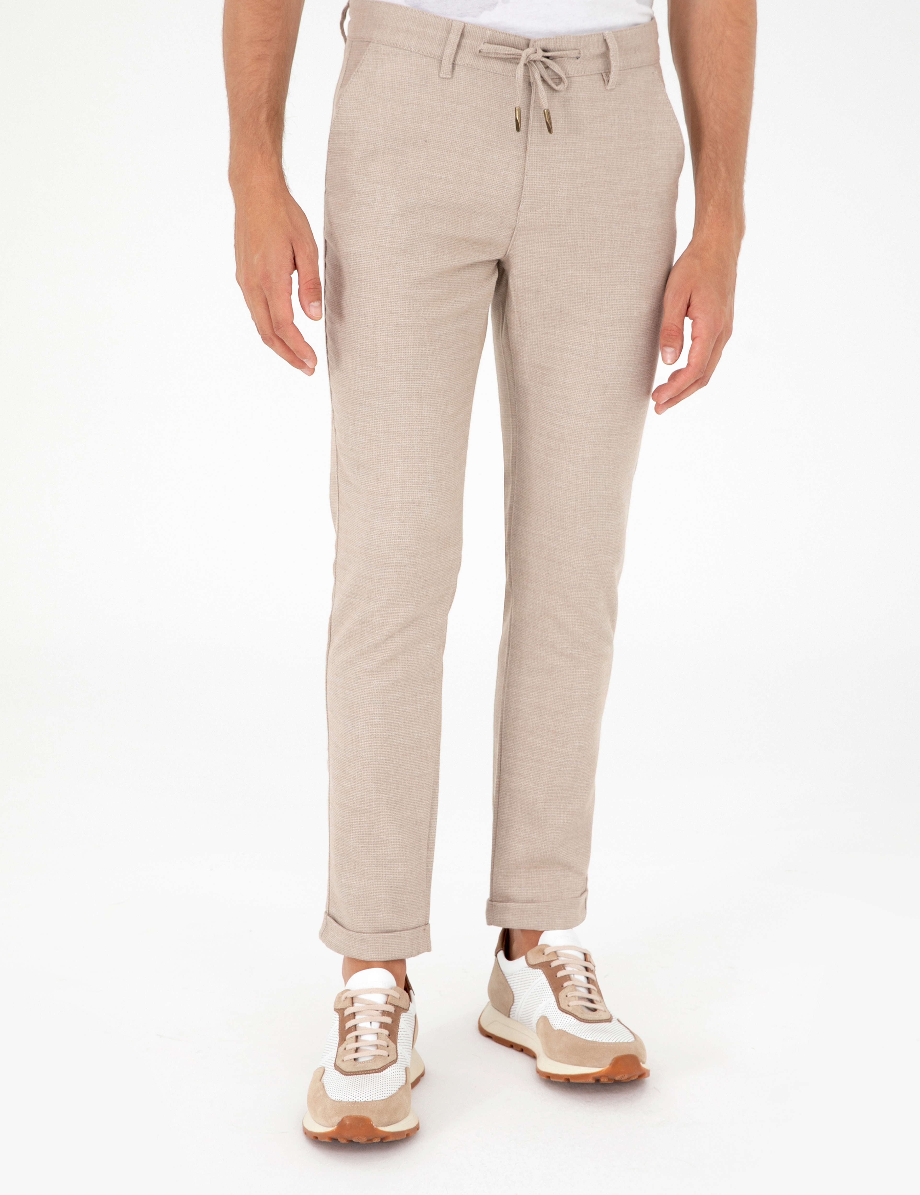Bej Slim Fit Bağcıklı Kanvas Pantolon - Image 2