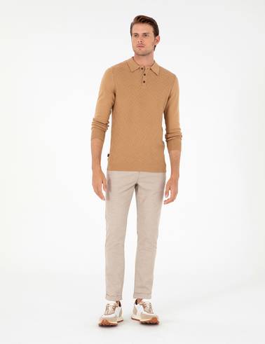 Bej Slim Fit Bağcıklı Kanvas Pantolon