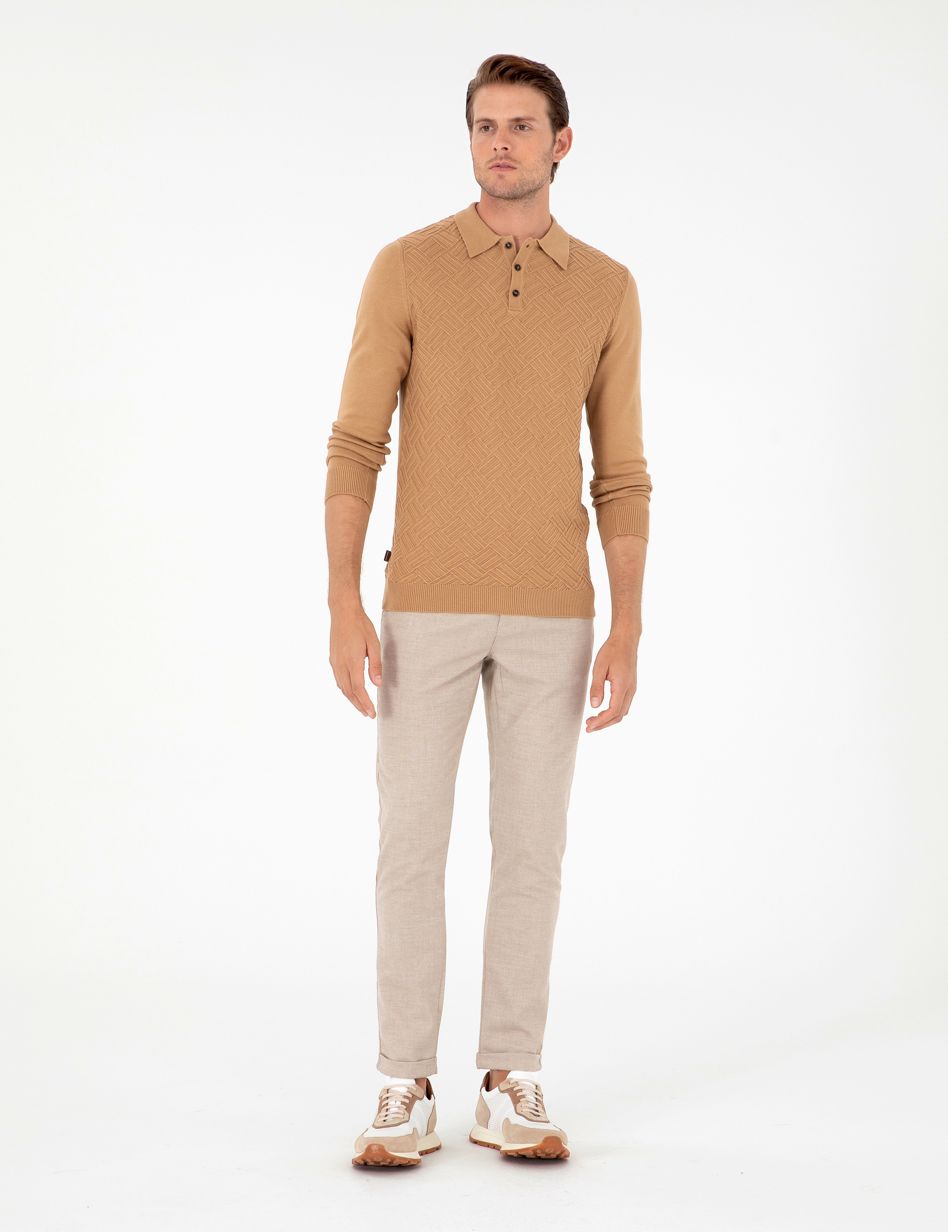 Bej Slim Fit Bağcıklı Kanvas Pantolon - Image 1