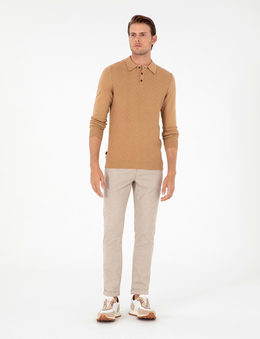 Bej Slim Fit Bağcıklı Kanvas Pantolon