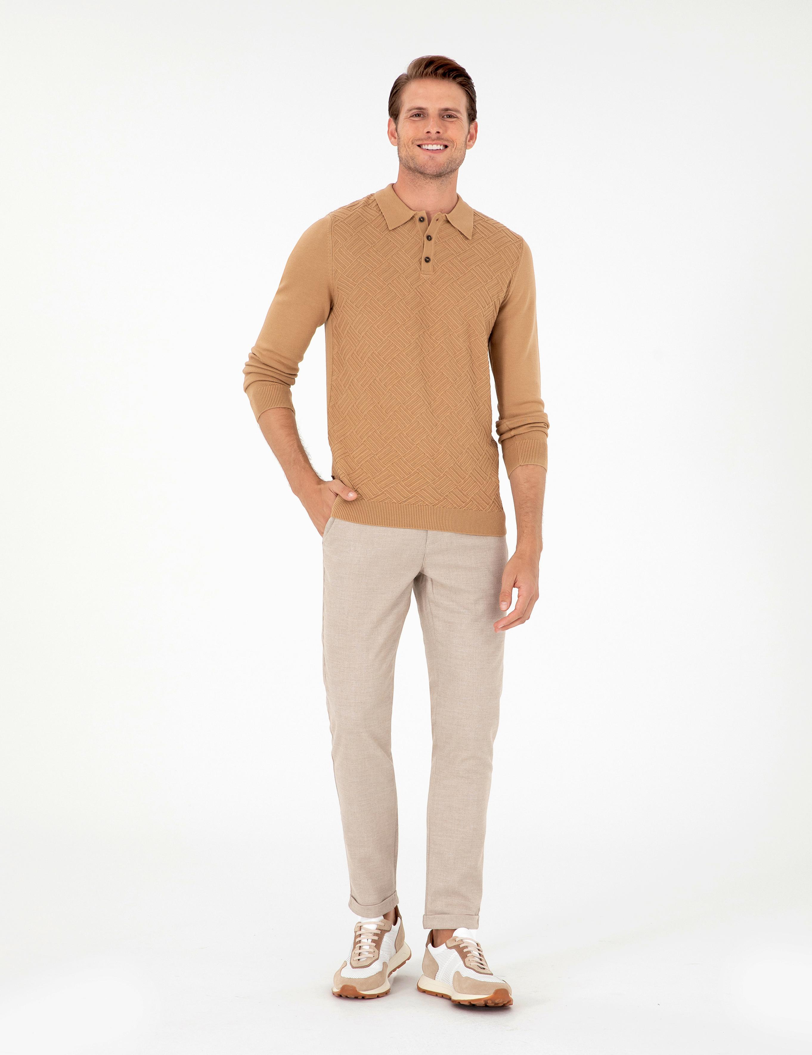 Bej Slim Fit Bağcıklı Kanvas Pantolon