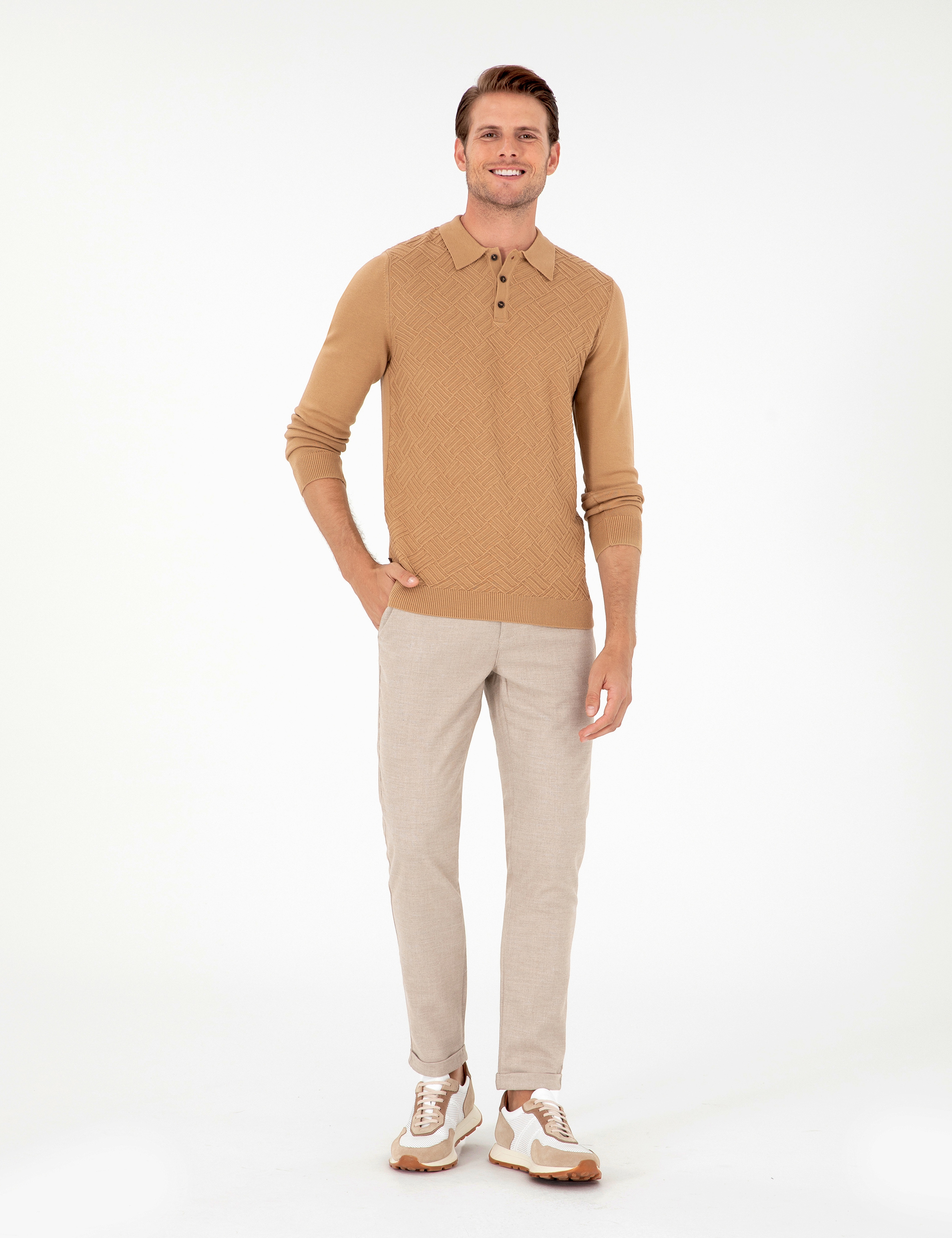 Bej Slim Fit Bağcıklı Kanvas Pantolon - Image 3