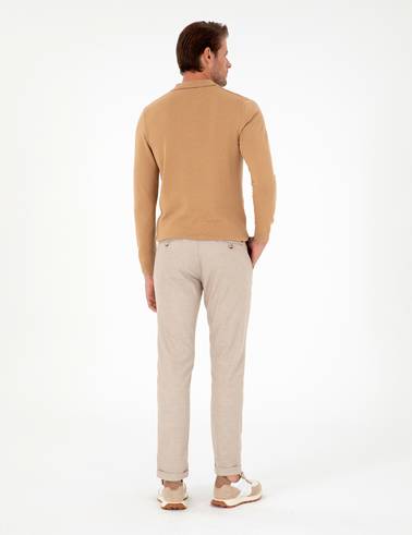 Bej Slim Fit Bağcıklı Kanvas Pantolon
