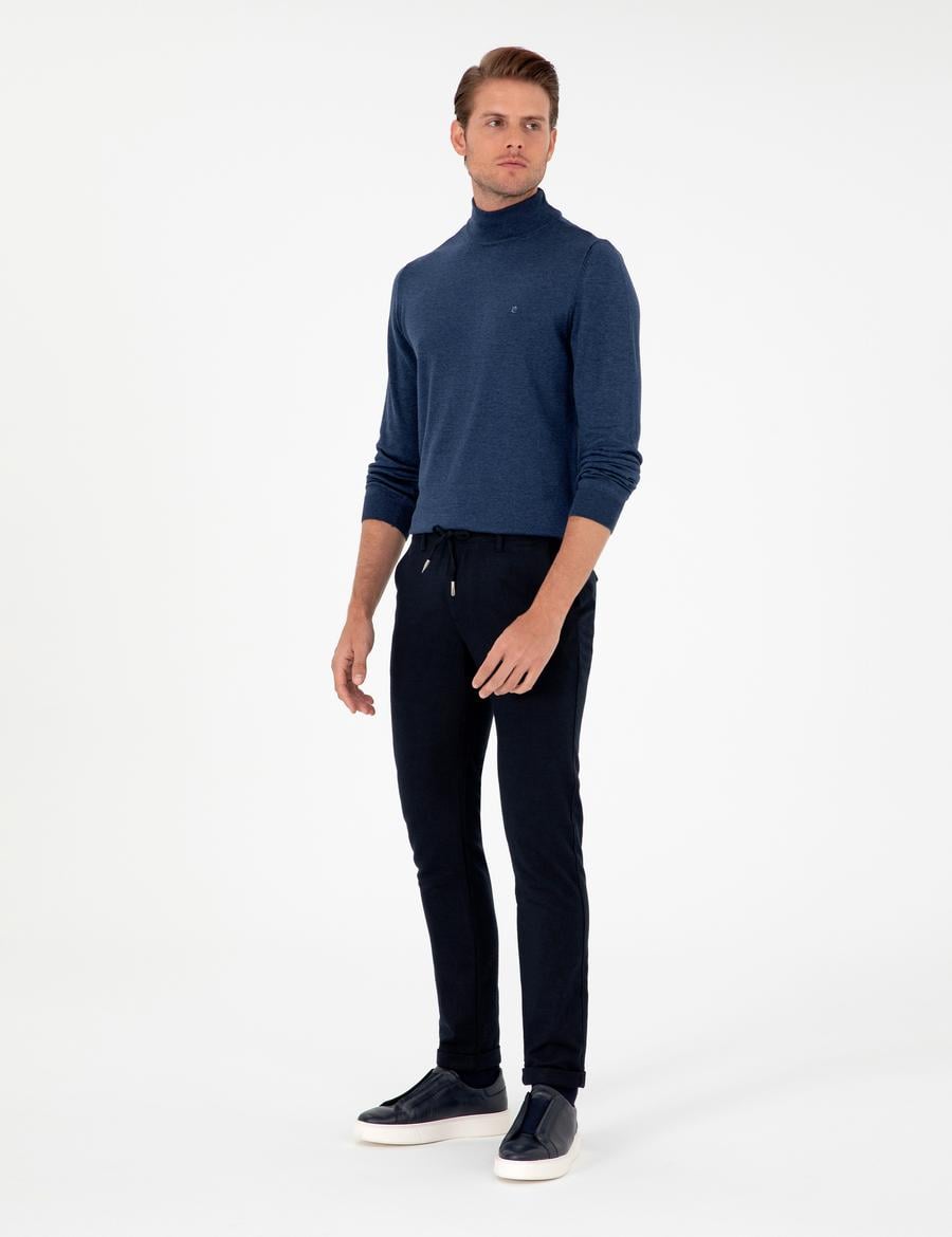 Lacivert Slim Fit Bağcıklı Kanvas Pantolon