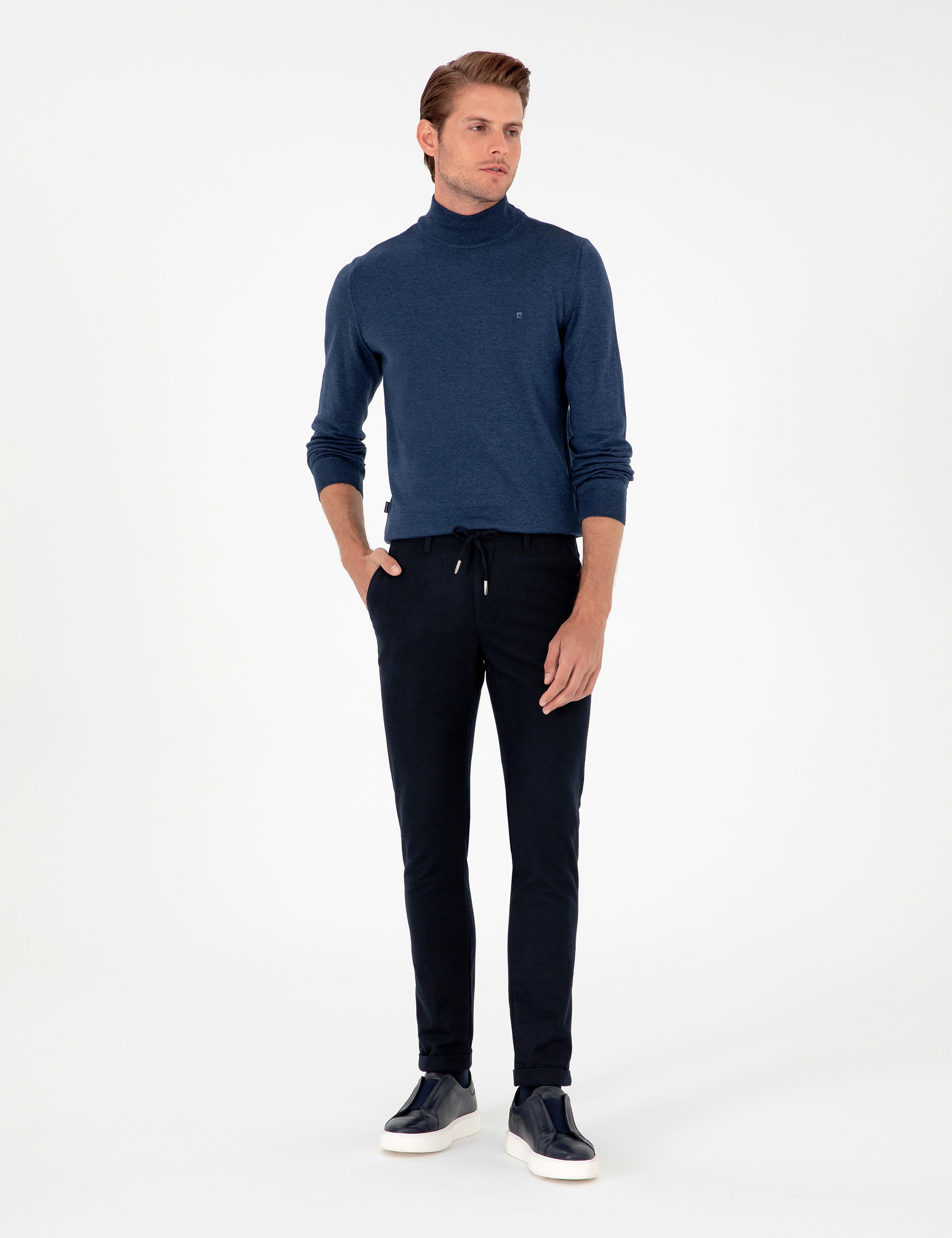 Lacivert Slim Fit Bağcıklı Kanvas Pantolon