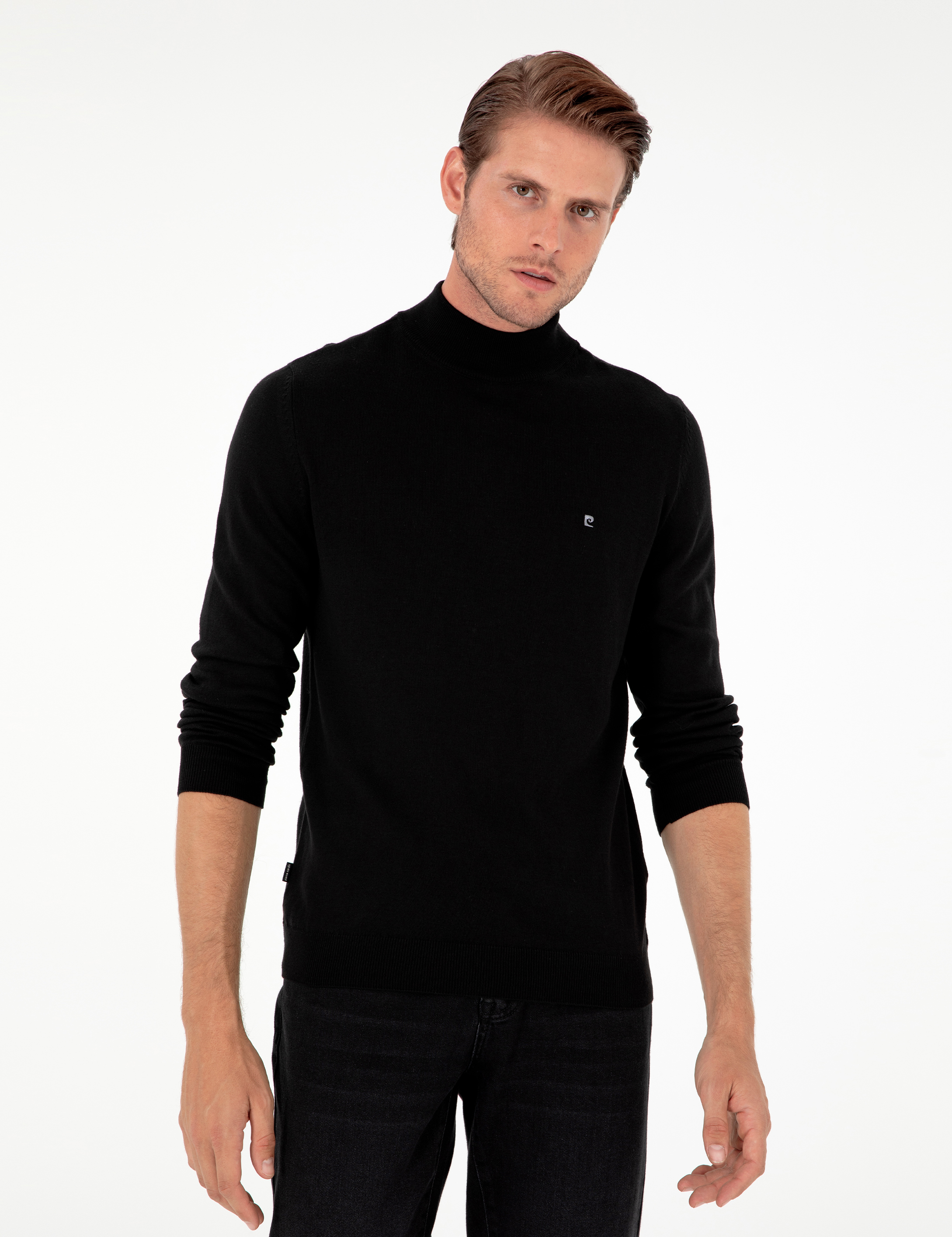 Siyah Slim Fit Yarım Balıkçı Yaka Basic Triko Kazak