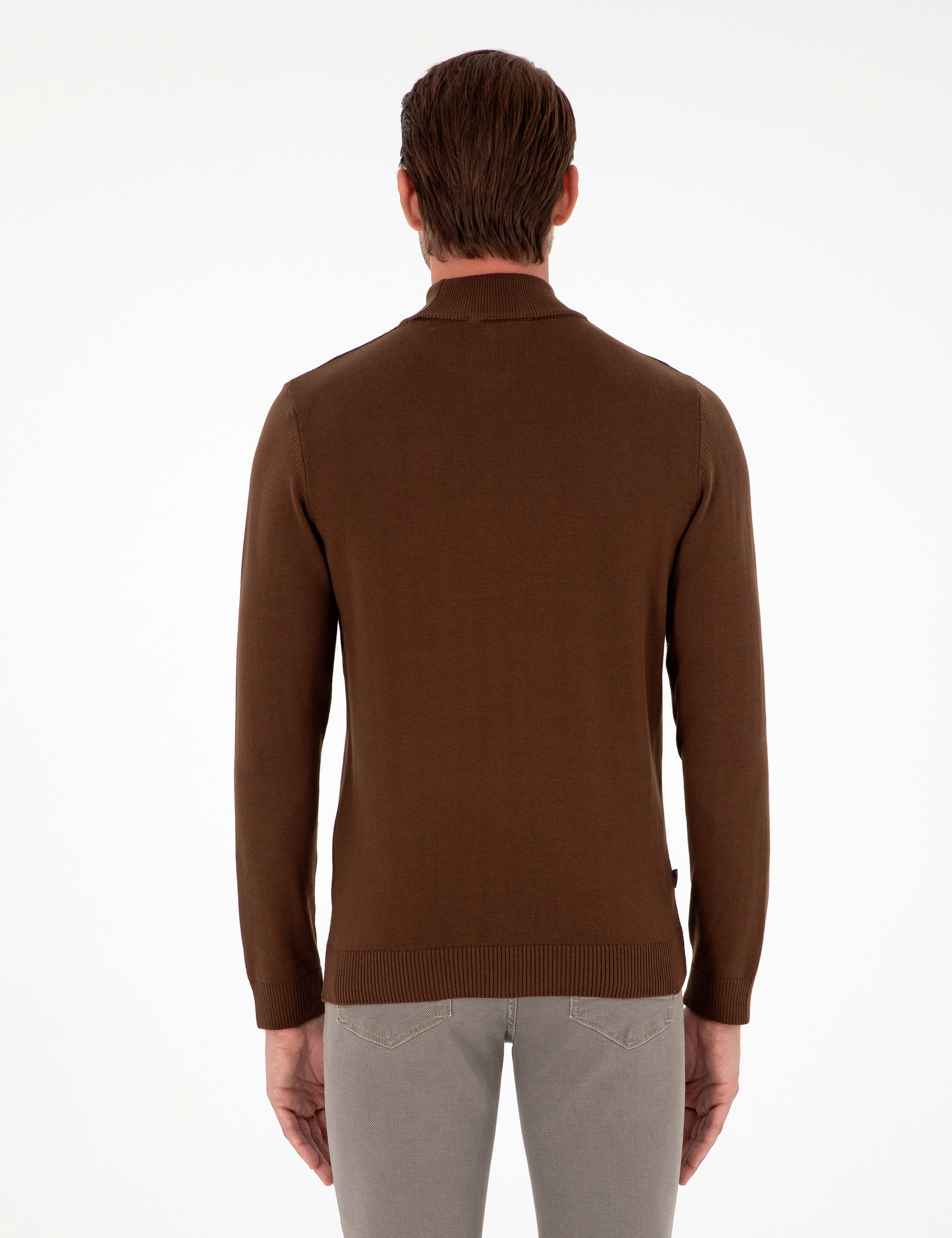 Koyu Kahverengi Slim Fit Yarım Balıkçı Yaka Basic Triko Kazak - Image 5