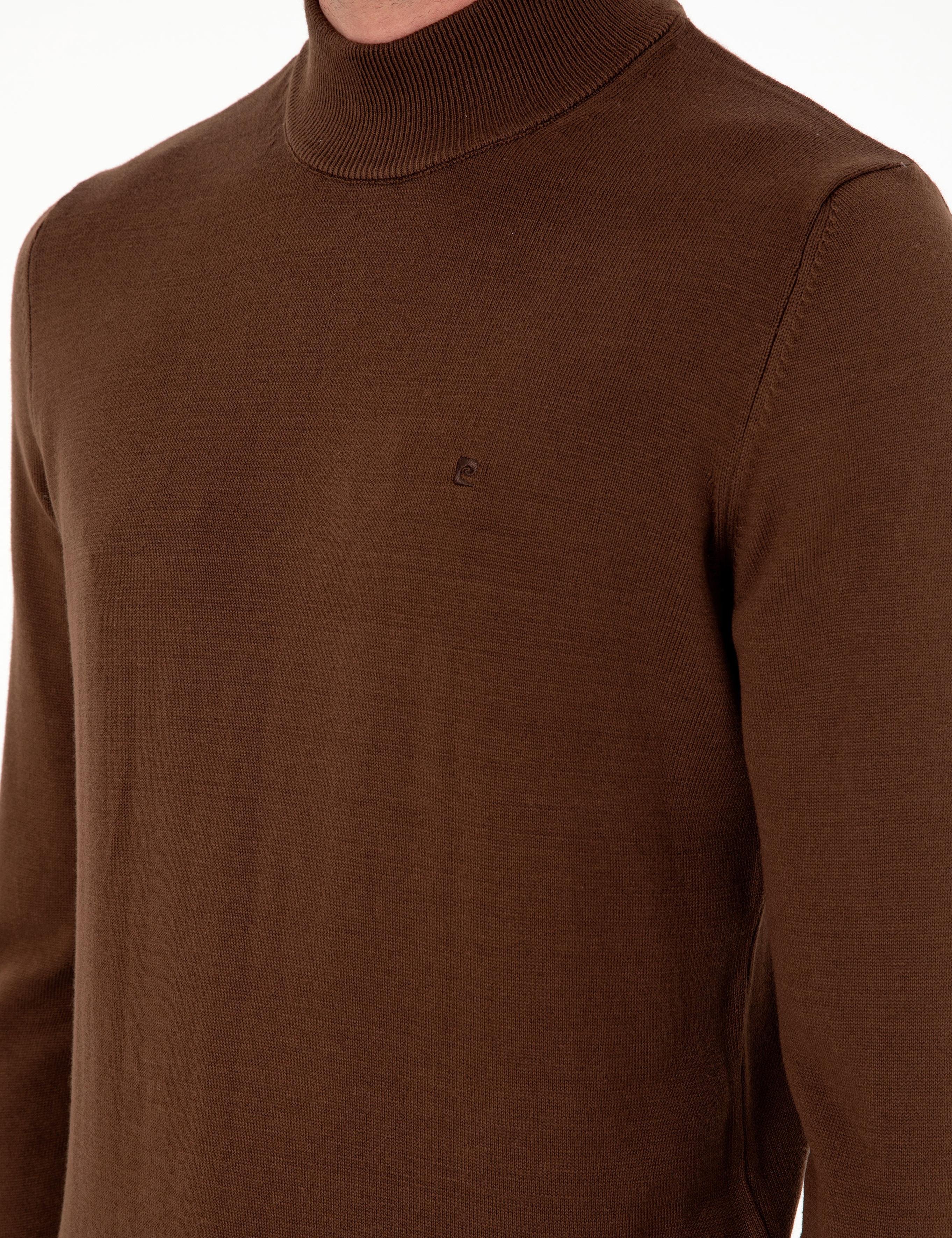 Koyu Kahverengi Slim Fit Yarım Balıkçı Yaka Basic Triko Kazak