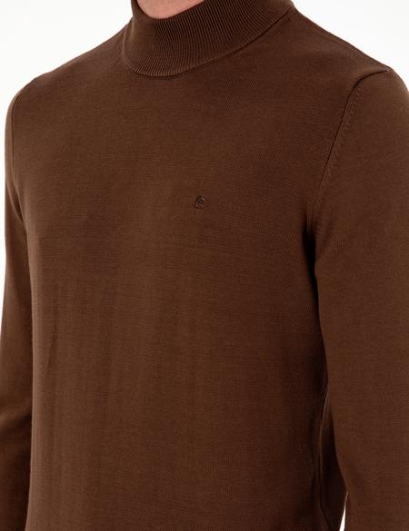 Koyu Kahverengi Slim Fit Yarım Balıkçı Yaka Basic Triko Kazak - 50296548054