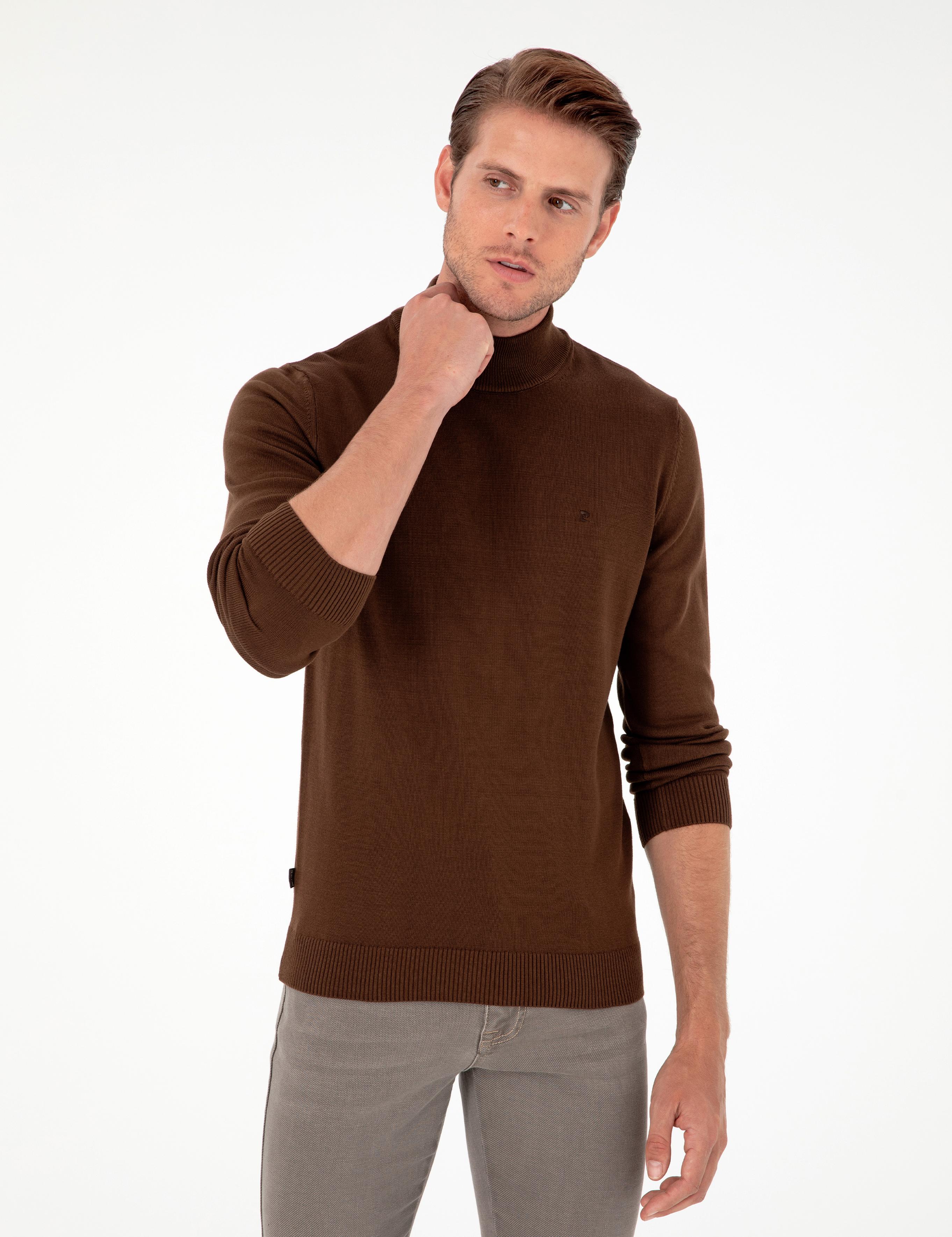 Koyu Kahverengi Slim Fit Yarım Balıkçı Yaka Basic Triko Kazak