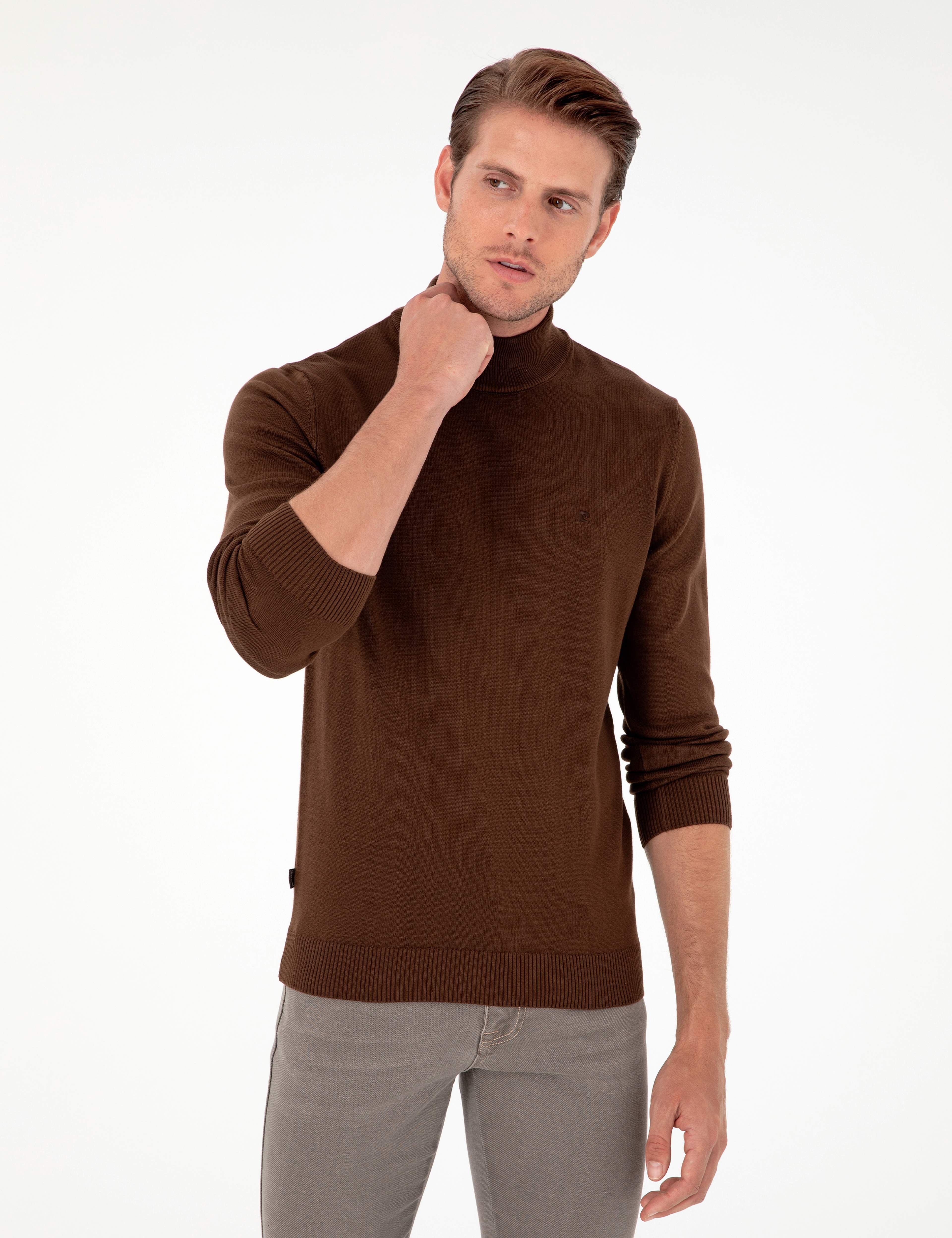 Koyu Kahverengi Slim Fit Yarım Balıkçı Yaka Basic Triko Kazak - Image 3
