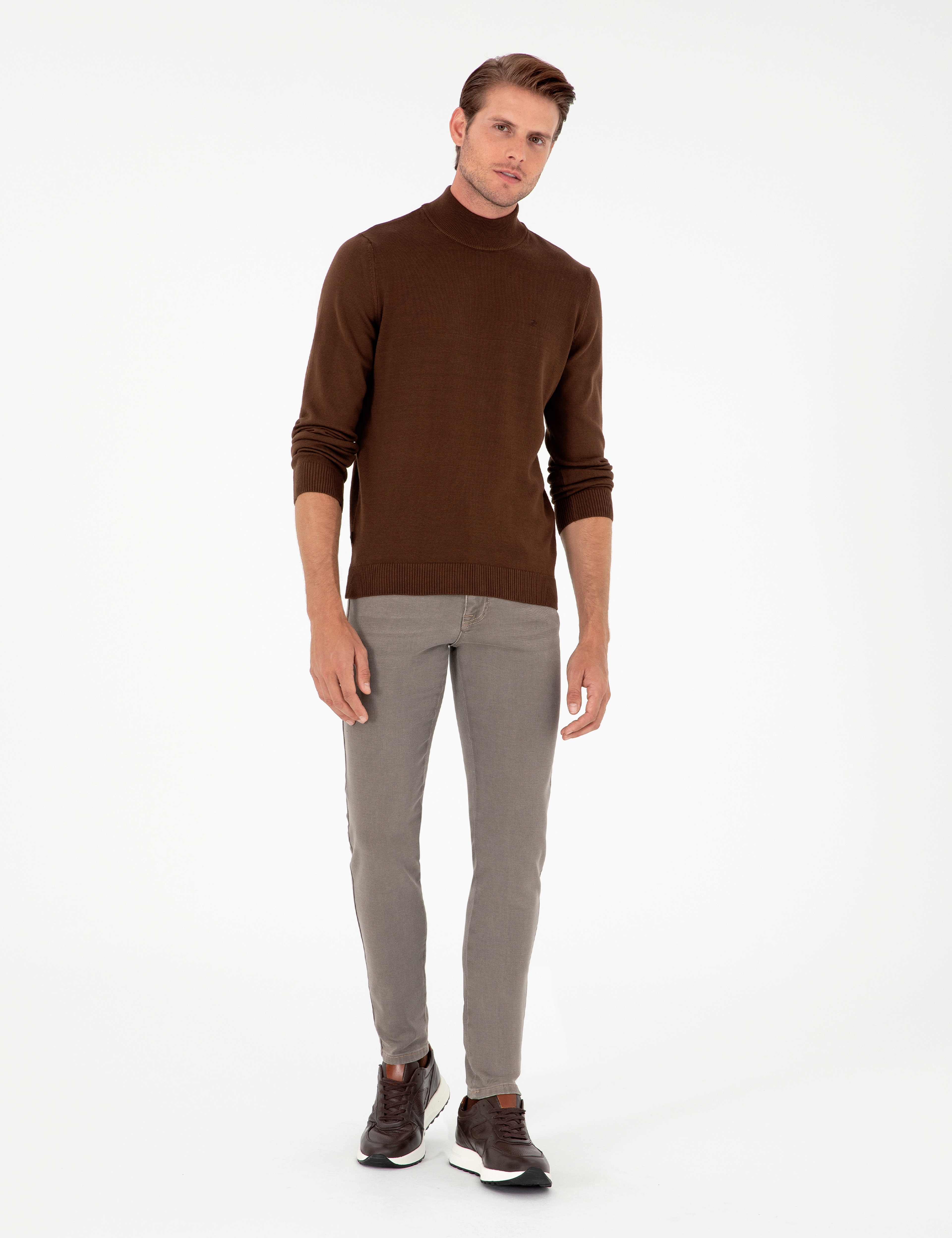 Koyu Kahverengi Slim Fit Yarım Balıkçı Yaka Basic Triko Kazak - Image 4